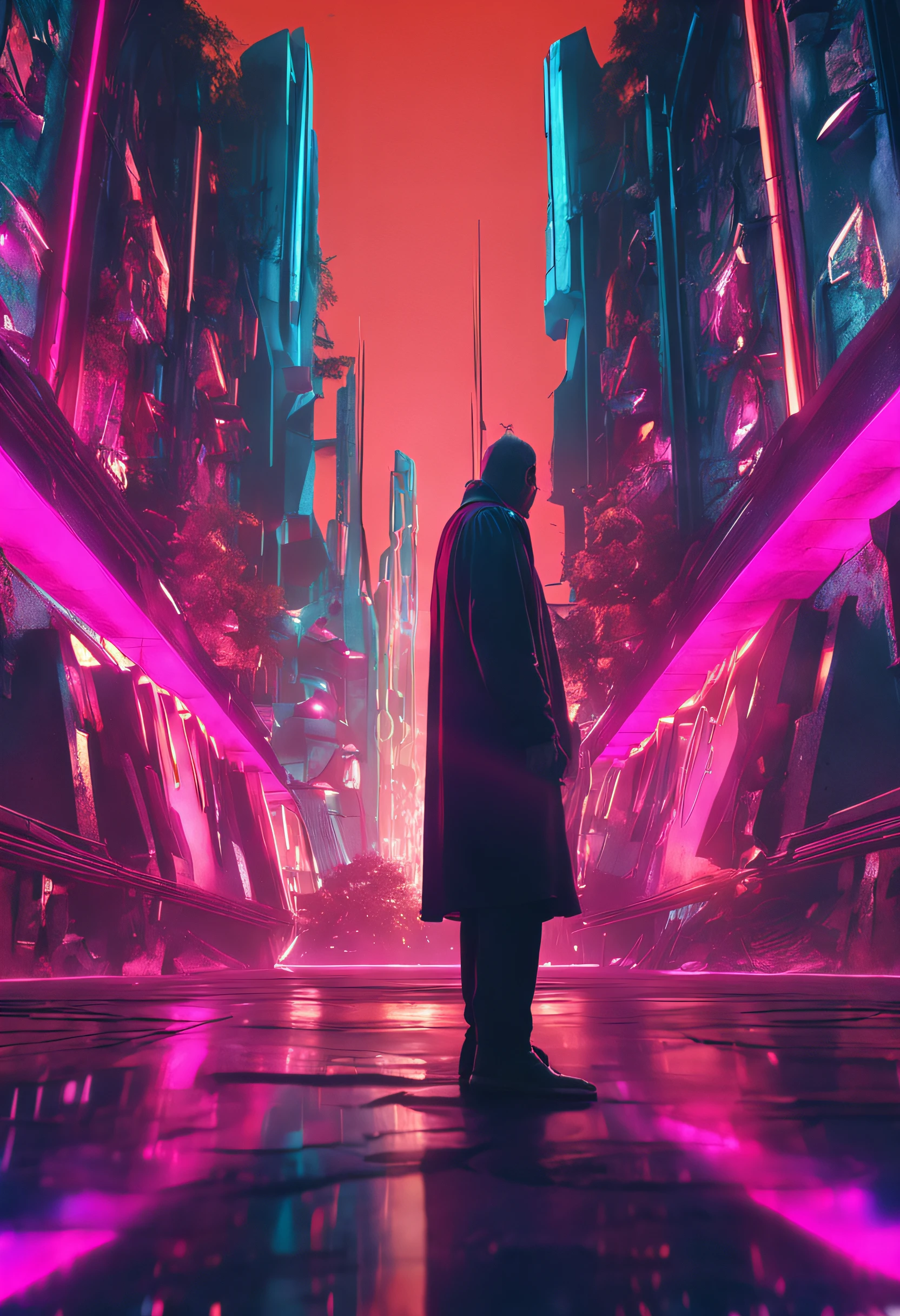 Cinema lenses，Large panoramic shot，The close-up view is a cemetery，White tombstones are erected here，Below the mountain in the distance is the colorful light and shadow of a cyberpunk-style futuristic city，There are some faint lights in the night，A tall young man，Bow your head in silence in front of the tombstone，The scale is 16:9