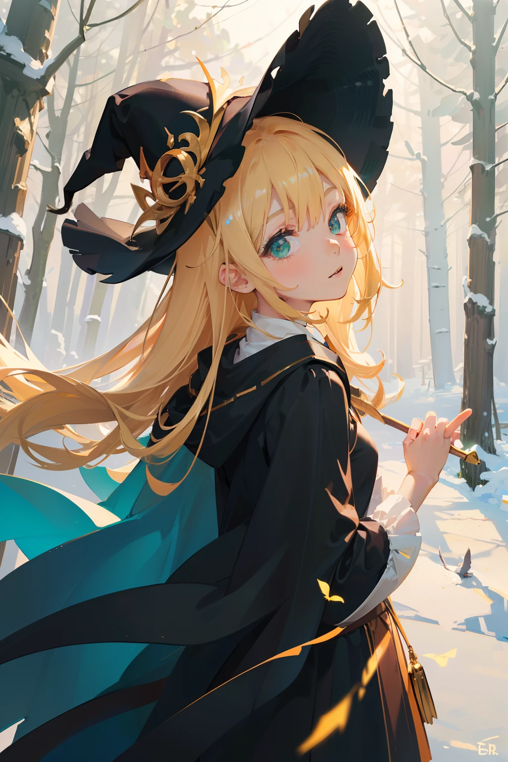 (Best Quality), (masutepiece), (Ultra Details), (Cinematic poster), Cute little girl of 10 years old with black cat, ((sorcerer’s apprentice), (sorcerer’s large hat), (sorcerer’s cape), (upper body), (platina blond hair), incredibly long waved hair, green crystal big eyes, detailed haze, mysterious face, ((strong back lights)), looking to the viewers, head tilt, in the dark forest, filled with twinkle stars, minimalistic, Heavenly and hazy, Embodying Spirituality 16:9 format and 8K resolution Sony a7RIV camera, Meike 55mm f/1.8 lenses - ultra-realistic, 8K,
