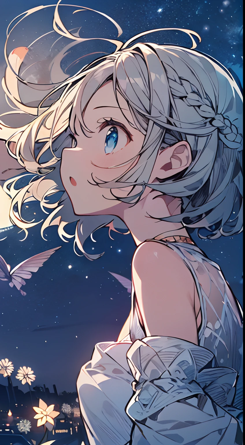 masutepiece, Best Quality,Illustration, Wallpaper, Ultra Detail, absurderes, 1little girl, (Medium short hair、short braided hair), Beautiful ultra-detailed eyes , Hair fluttering in the wind、:o、Smaller head、Bright night sky、(a panoramic view:1.5)