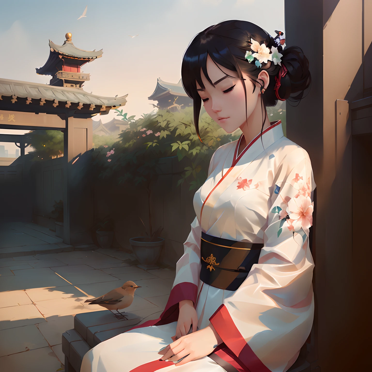 there is a photo realistic woman sitting on a bench with a bird in her hand, artwork in the style of guweiz, palace ， a beautiful asian girl in hanfu, perfect closed eyes, long lashes, she had a piece of paper on her laps, beautiful character painting, guweiz, ross tran and wlop, loish and wlop, beautiful digital artwork, realistic anime 3 d style, artgerm and atey ghailan, ross tran 12 k