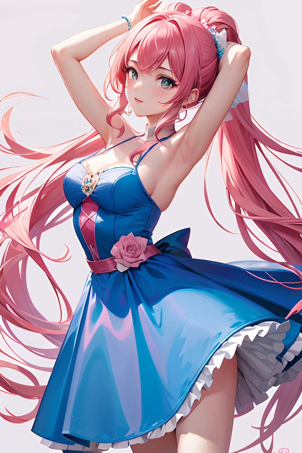 ballerina, dancer, 1 girl, pink long hair, blue dress