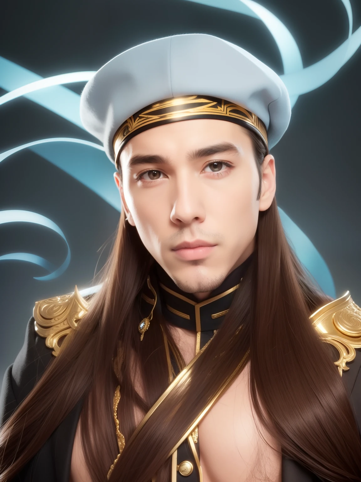 a man with long hair in a beret and wearing gold