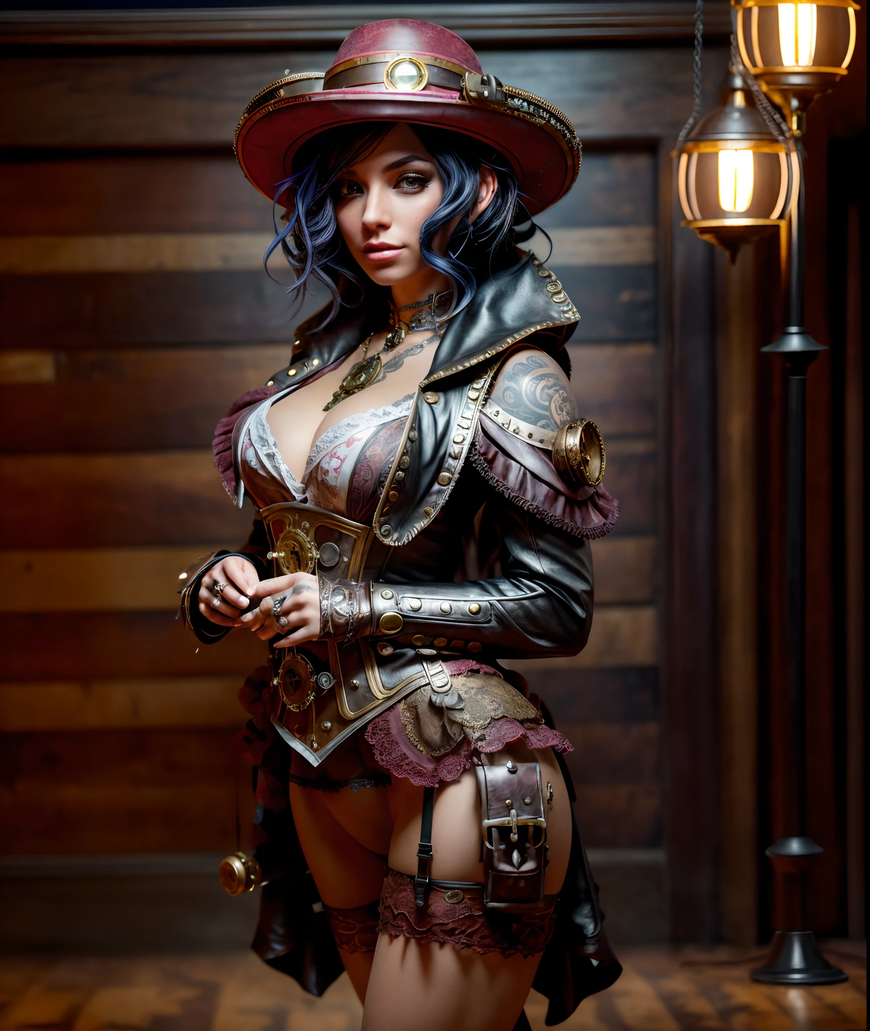 female dressed as steampunk character, lingerie, tattoos, (full body visible), looking at viewer, portrait, photography, detailed skin, realistic, photo-realistic, 8k, highly detailed, full length frame, High detail RAW color art, piercing, diffused soft lighting, shallow depth of field, sharp focus, hyperrealism, cinematic lighting