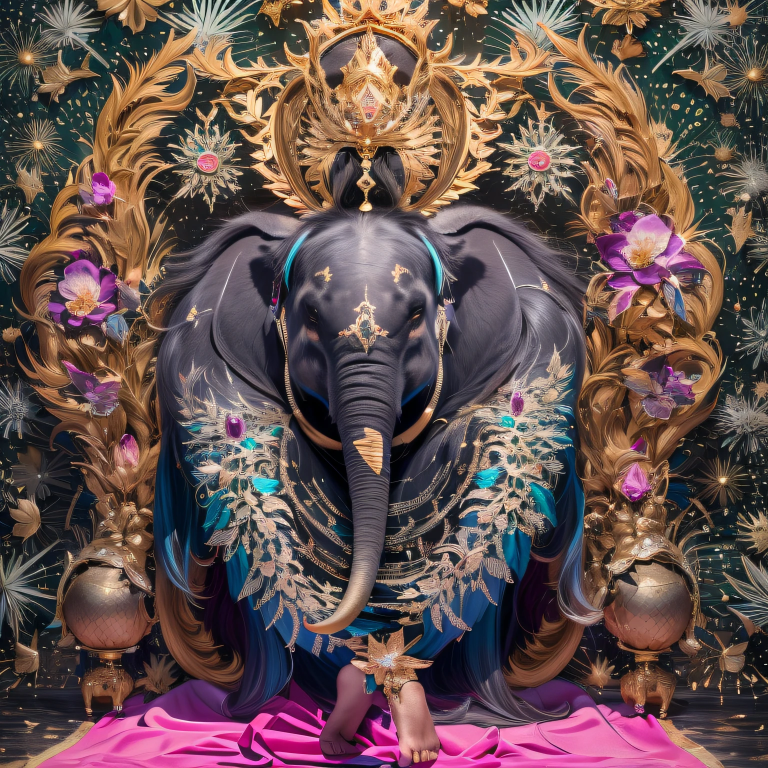 16k(tmasterpiece,k hd,hyper HD,16k)Long flowing black hair,Gold jewelry area in the back room,Smoke ring girl ,Bronze Elephant Protector (realisticlying:1.4),Python pattern robe,Purple-pink tiara,Snowflakes fluttering,The background is pure,Hold your head high,Be proud,The nostrils look at people, A high resolution, the detail, RAW photogr, Sharp Re, Nikon D850 Film Stock Photo by Jefferies Lee 4 Kodak Portra 400 Camera F1.6 shots, Rich colors, ultra-realistic vivid textures, Dramatic lighting, Unreal Engine Art Station Trend, cinestir 800,Hold your head high,Be proud,The nostrils look at people