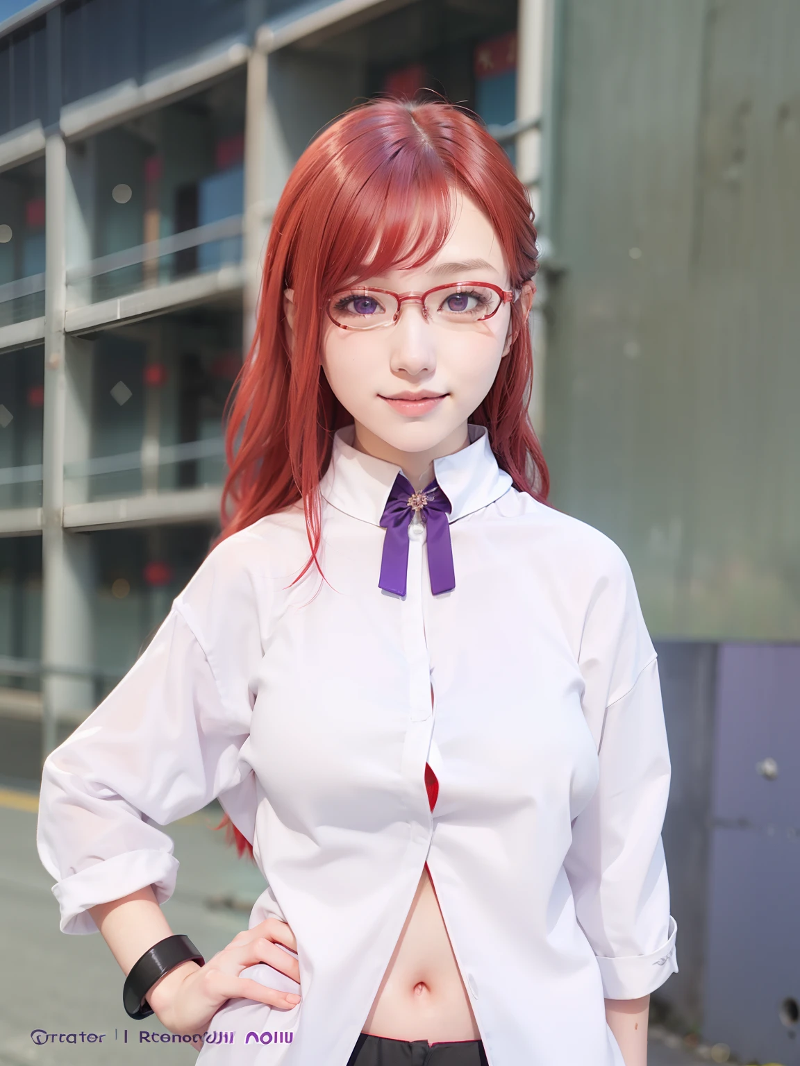 1girl, uzumaki karin, long hair, sexy dress, red hair, red eyes, smile, beautiful, purple clothes, very big breast, sexy clothes, wearing glasses, outdoor background, ultra detail, realistic
