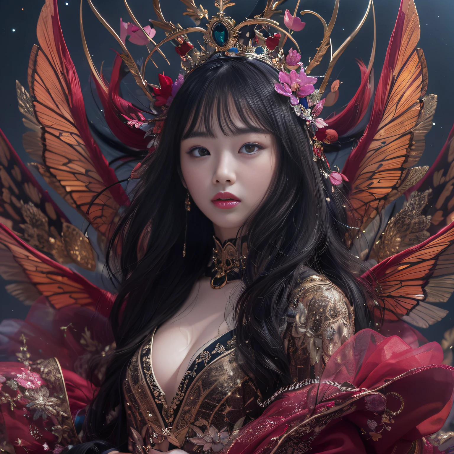 Outer space 32K(tmasterpiece,k hd,hyper HD,32K),Long flowing black hair,ponds ,Mantis protector (realisticlying:1.4),Red robe with a flame pattern,Purple-pink tiara,Petals flutter,The background is pure,Hold your head high,Be proud,The nostrils look at people, A high resolution, the detail, RAW photogr, Sharp Re, Nikon D850 Film Stock Photo by Jefferies Lee 4 Kodak Portra 400 Camera F1.6 shots, Rich colors, ultra-realistic vivid textures, Dramatic lighting, Unreal Engine Art Station Trend, cinestir 800,Hold your head high,Be proud,The nostrils look at people
