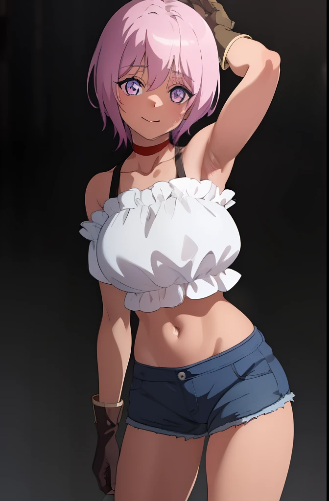 ((masterpiece)), (best quality), (official art, extremely detailed CG unity 8k wallpaper, highly detailed, shiny skin, vivid color), Tanya, (casual outfit:1.5), short pink hair, purple eyes, short braid, white top, red chocker, blue hot-pants, brown gloves, detailed eyes, (old town background:1.2), ((presenting armpit, arm up, sweating armpit, opened clothes))