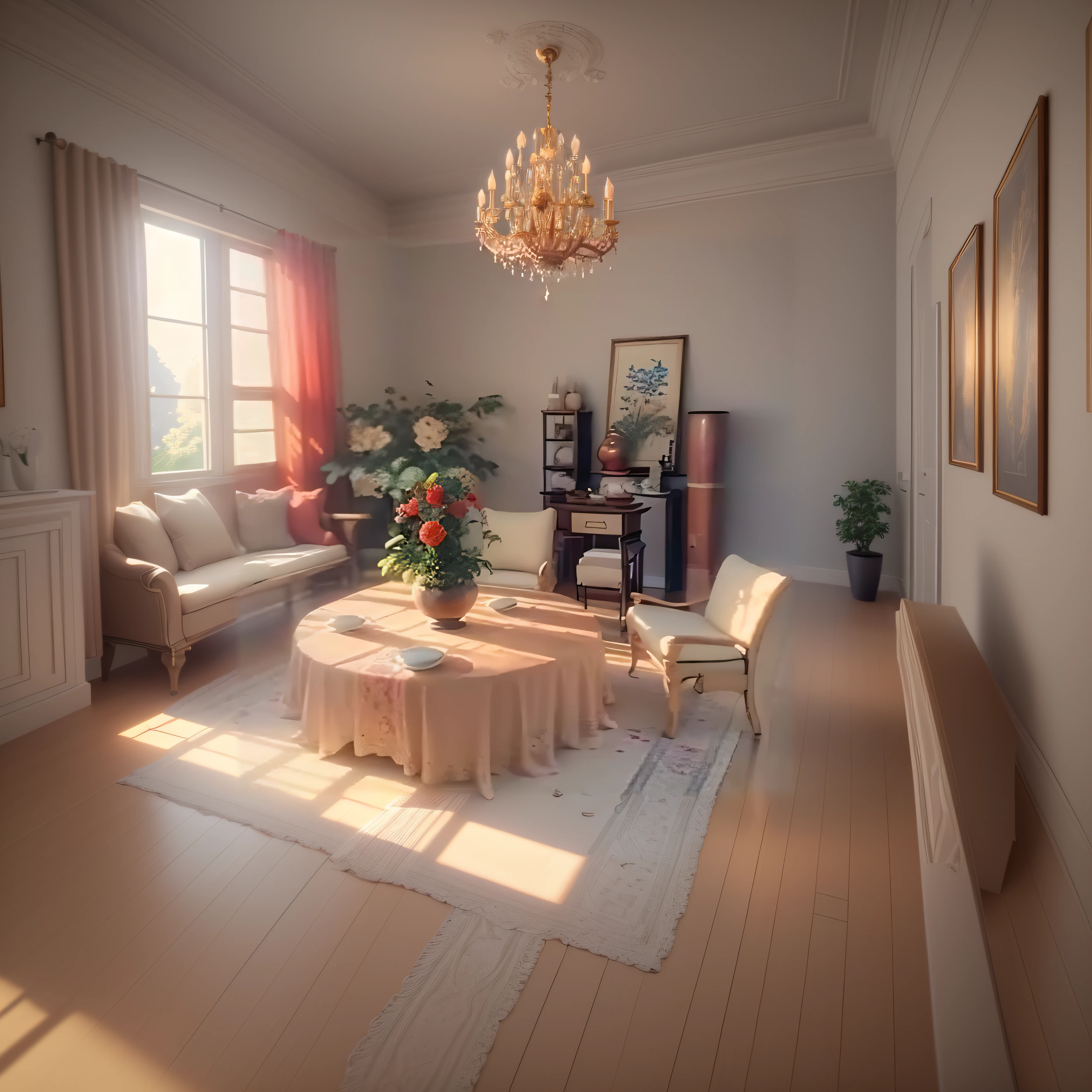 There is a living room with a table, Layer, and a chandelier, illusory engine ; romantic motifs, Realistic afternoon lighting, rendering in Unreal Engine 6, with backdrop of natural light, unreal engine realistic render, render in unreal engine 5, realistic unreal engine 3 d game, highly detailed soft lighting, rendered in 8 k unreal engine, rendered with unreal engine