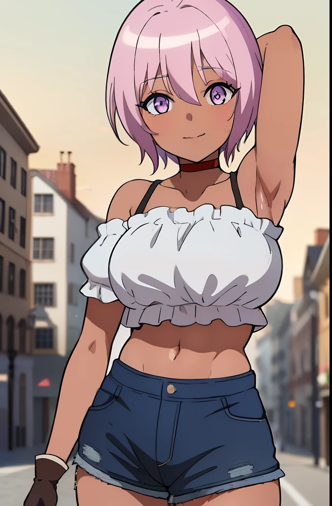 ((masterpiece)), (best quality), (official art, extremely detailed CG unity 8k wallpaper, highly detailed, shiny skin, vivid color), Tanya, (casual outfit:1.5), short pink hair, purple eyes, short braid, white top, red chocker, blue hot-pants, brown gloves, detailed eyes, (old town background:1.2), ((presenting armpit, arm up, sweating armpit, opened clothes))