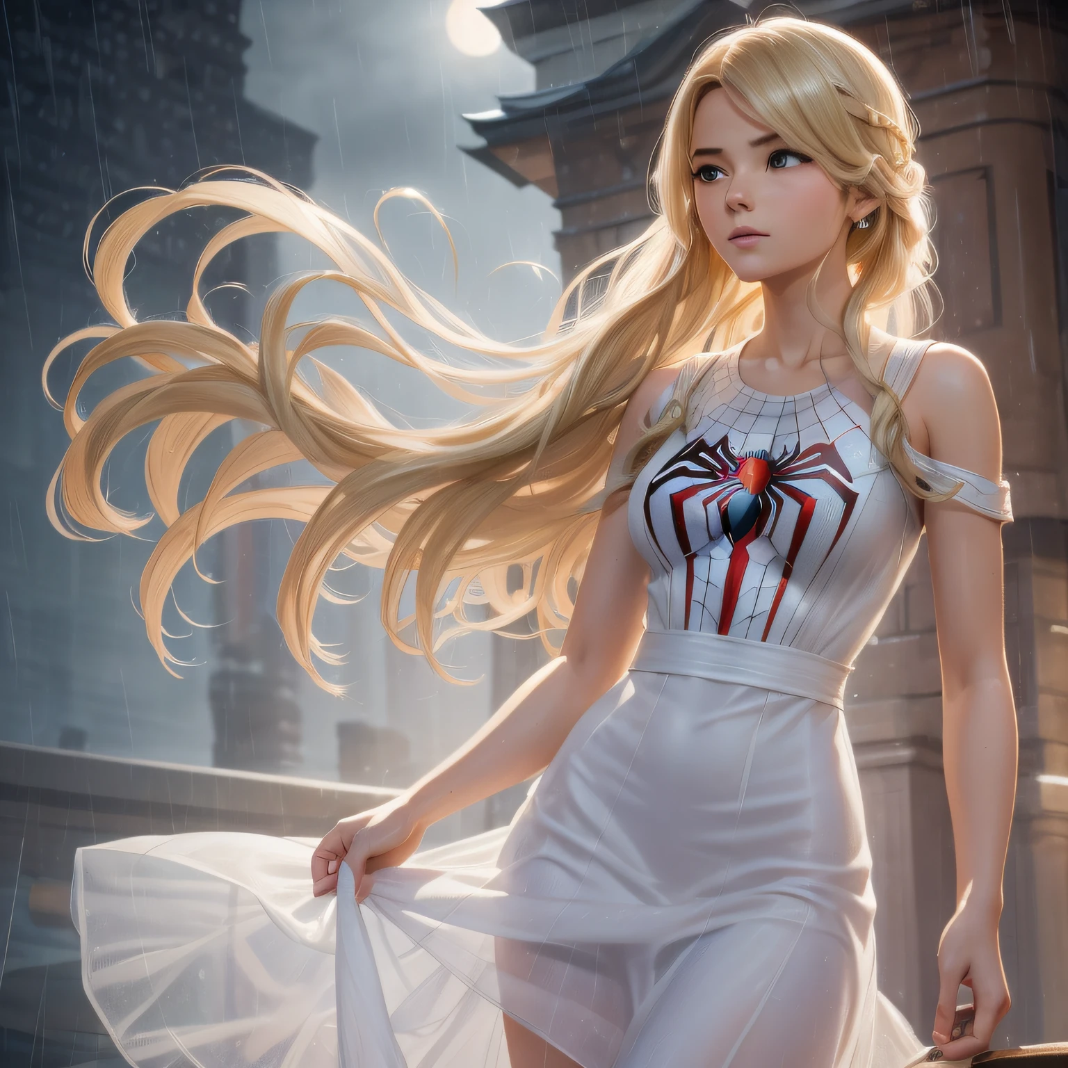 18 Yo girl, White Spider-Man dress, with long coiled hair, Blonde, Beautiful face, rain, Roof, Masterpiece, intricately details, Perfect anatomy, Facial and body details.