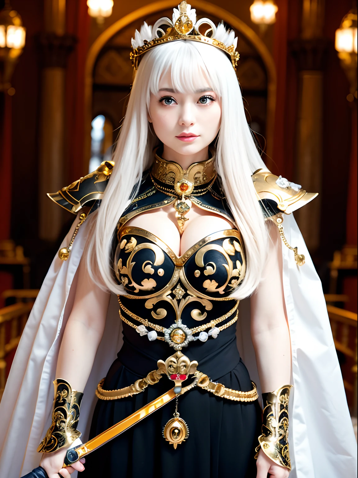 (masutepiece), Professional , masterpiece、top-quality、photos realistic , depth of fields (Gemstone Silver Metal Body:1.9),(Matte White、Jewel Gold Weapon(Jewel Metal Body:1.4),Gorgeous metal weapons , Detailed Sword of the Brave , Beautiful knife ,warhammer 40k , adepta sororitas,Detail and ornate jewel crown、Black hair、Gangle's forest background、Beautiful Caucasian beauty、1a person、dynamic ungle,(((Detailed and ornate diamond crown)))、Smaller head、A smile、Take a sexy pose、Background inside the castle、Thin and beautiful female hands、cleavage of the breast、Soldier in iron armor on background、Soldier in iron armor on background、