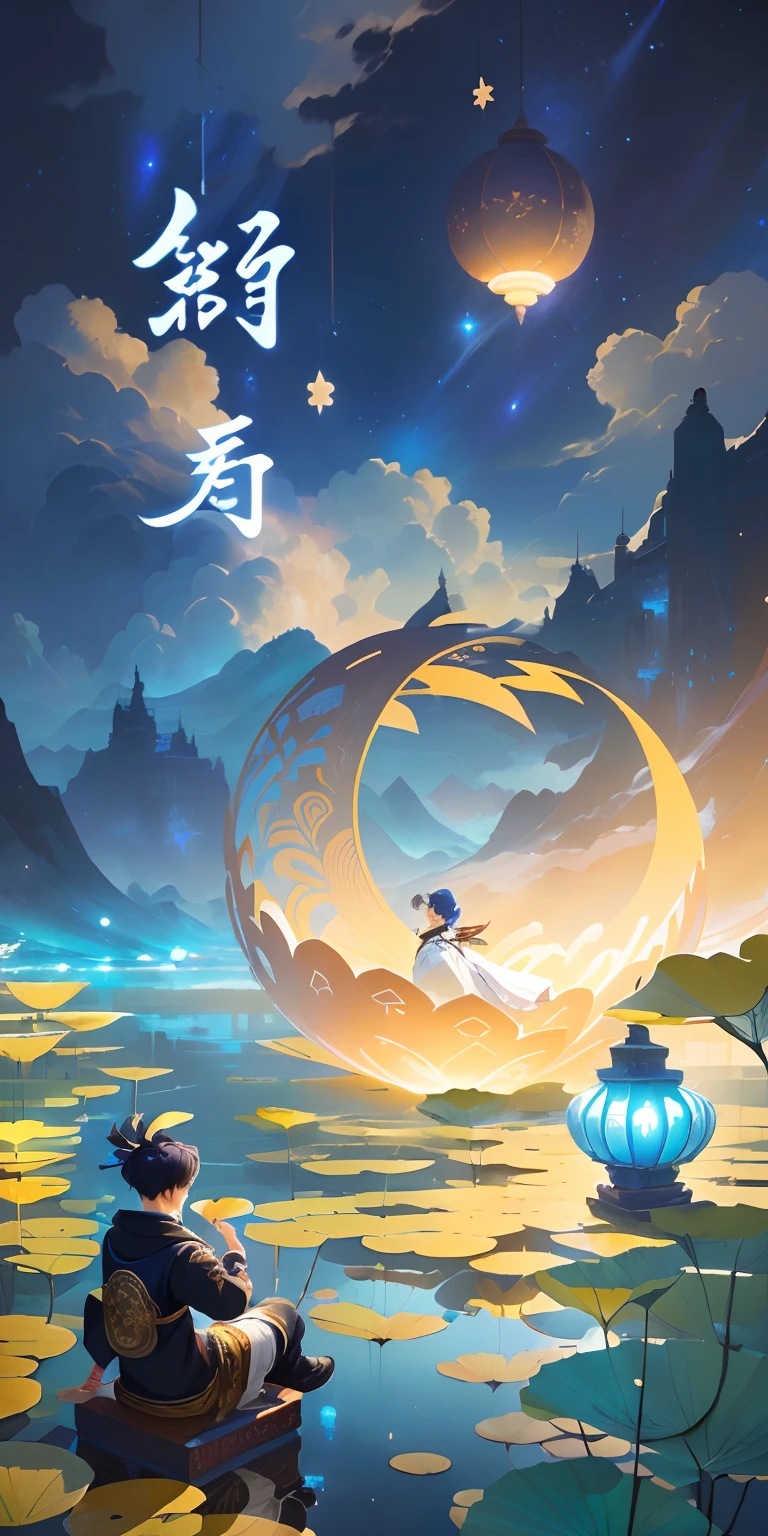 A boy sits on a lotus，looking at the stars，The background is a starry sky and clouds，中景 the scene is，4K， Mobile game art, Official artwork, By Li Song, concept art magical highlight, official fanart, background artwork, author：Shitao, !dream concept art, Onmyoji detailed art, author：Qu Leilei, G Liulian art style
