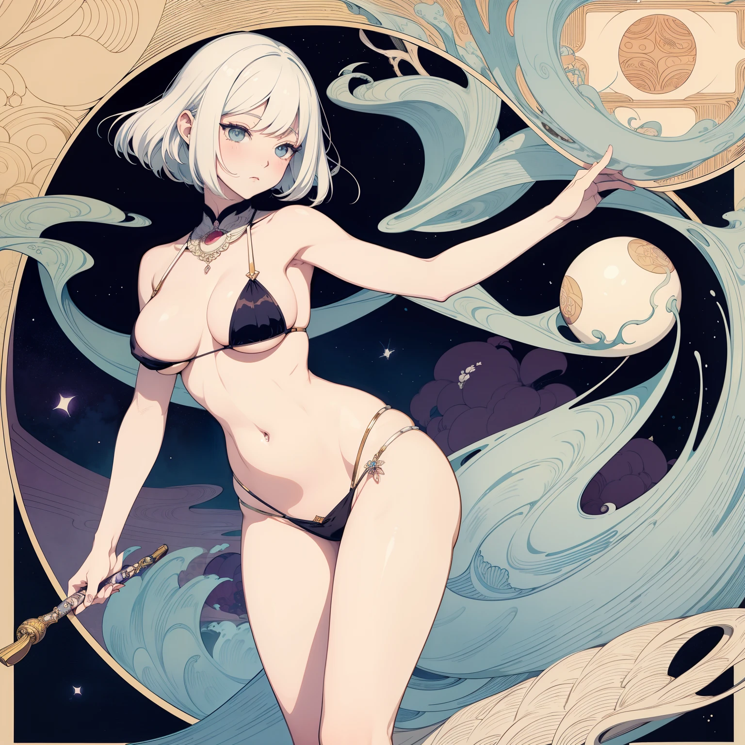 Ukiyo-e style Charles Robinson, Frank Pape, Kay Nielsen, surreal wondrous strange Whimsical absurderes fanciful Sci-Fi Fantasy Sphere mythology large breasts round hip