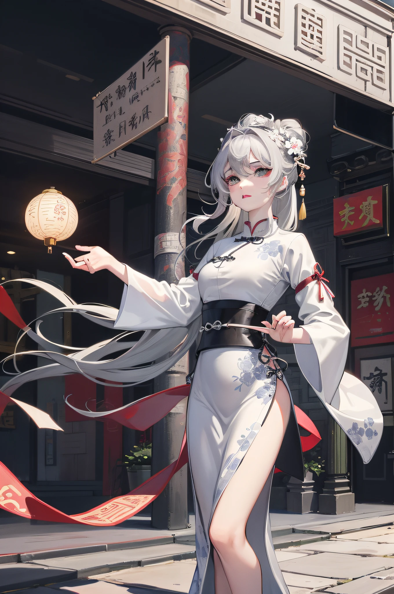 Masterpiece, Best quality, Night, full moon, 1 girl, Mature woman, Chinese style, Ancient China, sister, Royal Sister, Cold expression, Expressionless face, Silver white long haired woman, Light pink lips, calm, Intellectual, tribelt, Gray pupils, assassins, short knife, flower ball background, Stroll through the street view