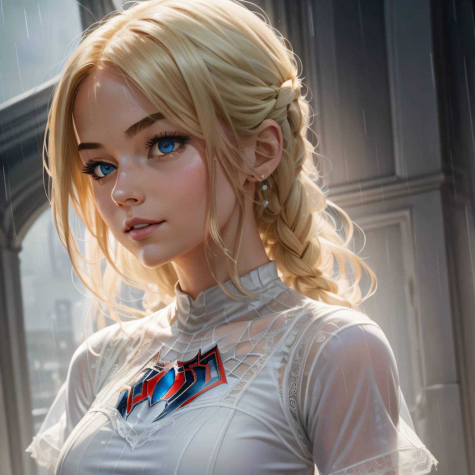 18 Yo girl, White Spider-Man dress, with long coiled hair， Blonde, Beautiful face, rain, Roof, Masterpiece, intricately details, Perfect anatomy, Facial and body details.