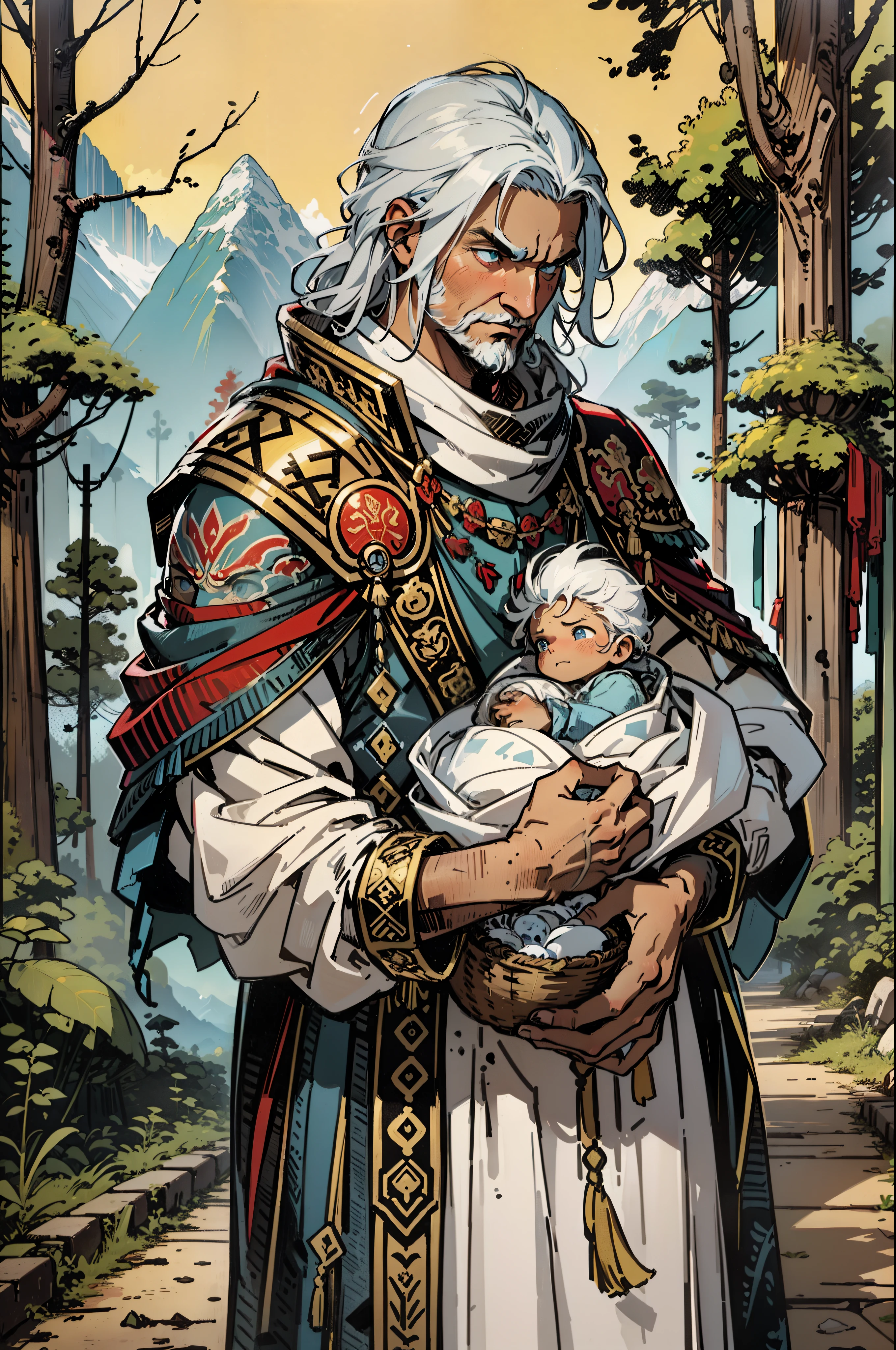 ((Masterpiece)), A 50 years old persian king face is sad, have a basket in hands, a newborn baby with white hair and blue eyes in basket, ancient times, a dirty road in forest, mountains in background, 5 Ancient Roman soldiers after the king