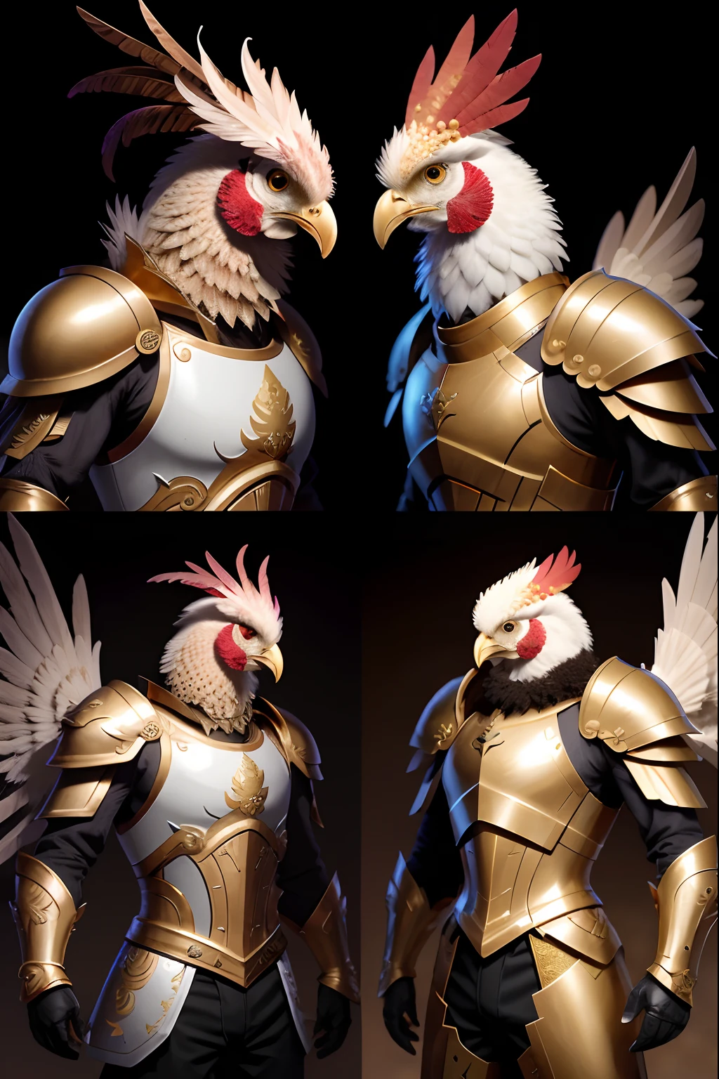 A close-up chicken zodiac warrior dressed in gold and white,golden and copper armor,black aarakocra eagle warlord,heavy white and golden armor,Armor cavalry,Realistic armor,Highly detailed character model,anthropomorphized chicken,Chicken feather armor,Details on the armor。