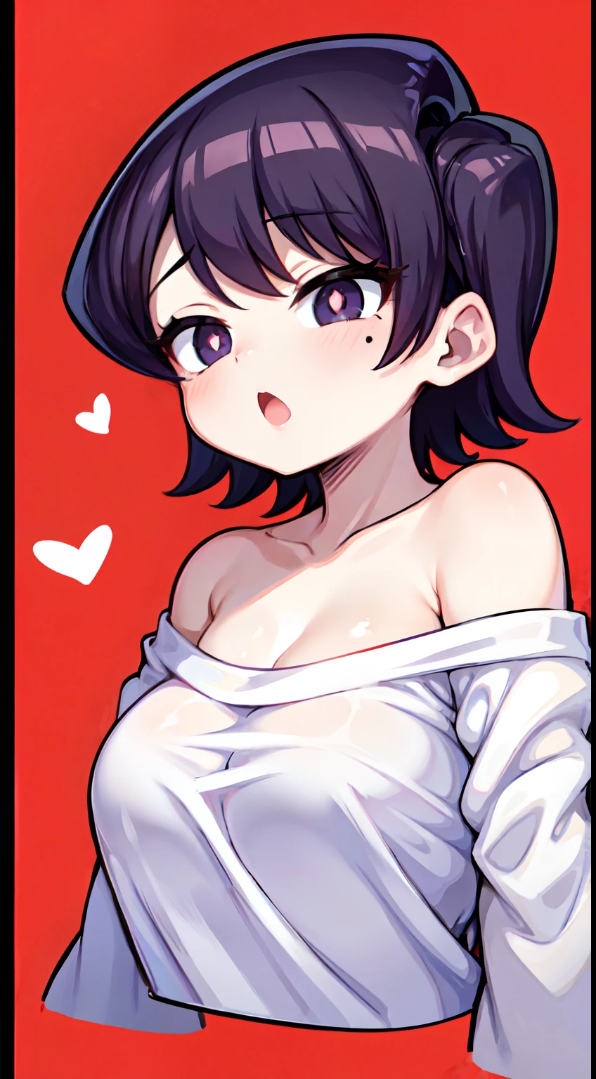 Komi Shuuko,（A white border around a red rectangular background：2.5），Back view，multi view，Look up at the perspective，low head，ahegao face，D-cups，whitesweater，High detail,Moles under eyes, Heart-shaped pupils，Love pupils，cropped shoulders，Lots of hearts，Fleshy thighs,highly rendered，detailed face with