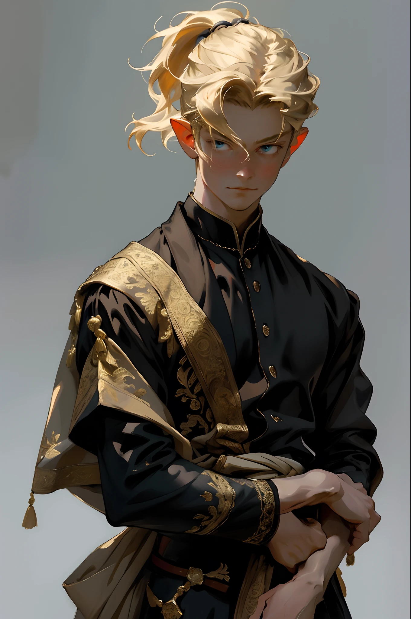 moody lighting, tranquil, calm, glow,masterpiece, best quality,masterpiece, best quality, John Singer Sargent, 1boy, elf prince, blonde ponytail, oil painting portrait, simple background