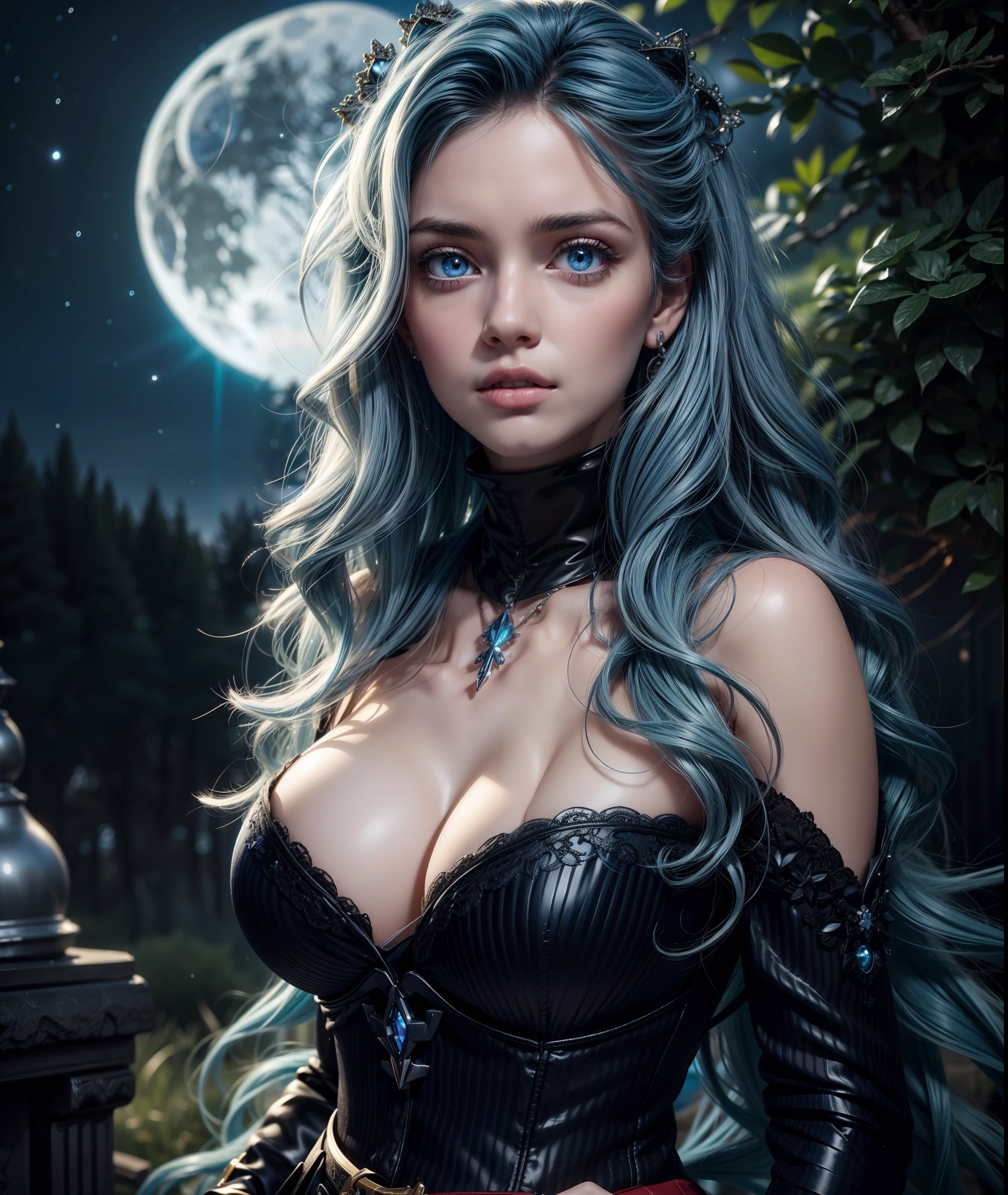 Girl, big hair, wavy hair, light blue hair, shiny hair, blue eyes, detailed eyes, glowing eyes, wearing black sweater, medium boobs, cleavage (amazing detail, cinematic ultra wide angle, hyper detailed, insane detail, hyper realistic, high resolution, cinematic lighting, soft lighting, amazing quality, dynamic shooting, starry sky, moon, flowers, trees, detailed scenery), Strong and vibrant colors 64k,