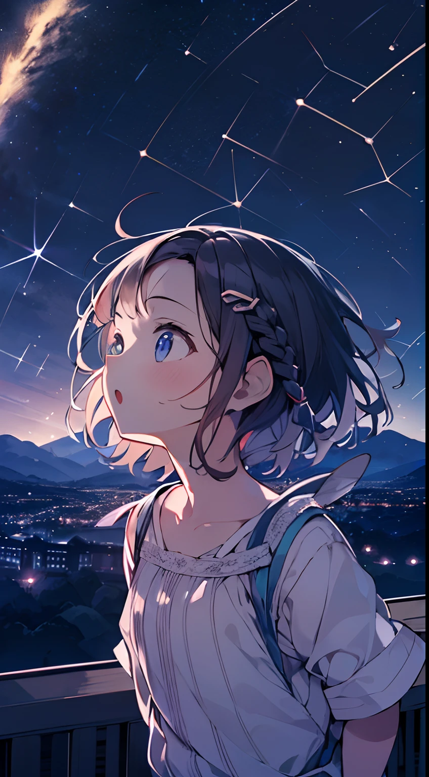 masutepiece, Best Quality,Illustration, Wallpaper, Ultra Detail, absurderes, 1little girl, (Medium short hair、short braided hair), Beautiful ultra-detailed eyes , Hair fluttering in the wind、:o、Smaller head、Bright night sky、(a panoramic view:1.5)