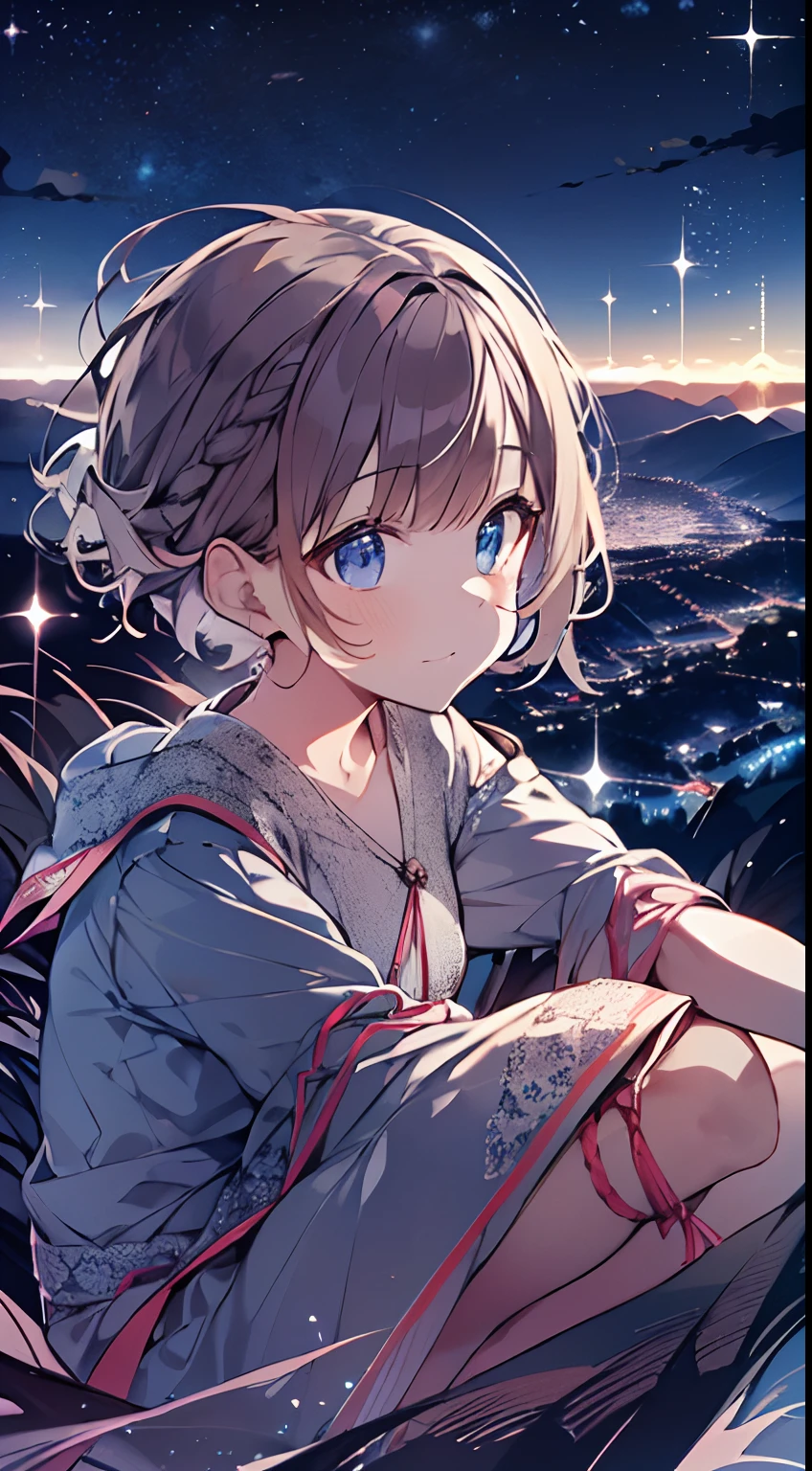 masutepiece, Best Quality,Illustration, Wallpaper, Ultra Detail, absurderes, 1little girl, (Medium short hair、short braided hair), Beautiful ultra-detailed eyes , Hair fluttering in the wind、nffsw、Smaller head、Beautiful night sky、(a panoramic view:1.5)