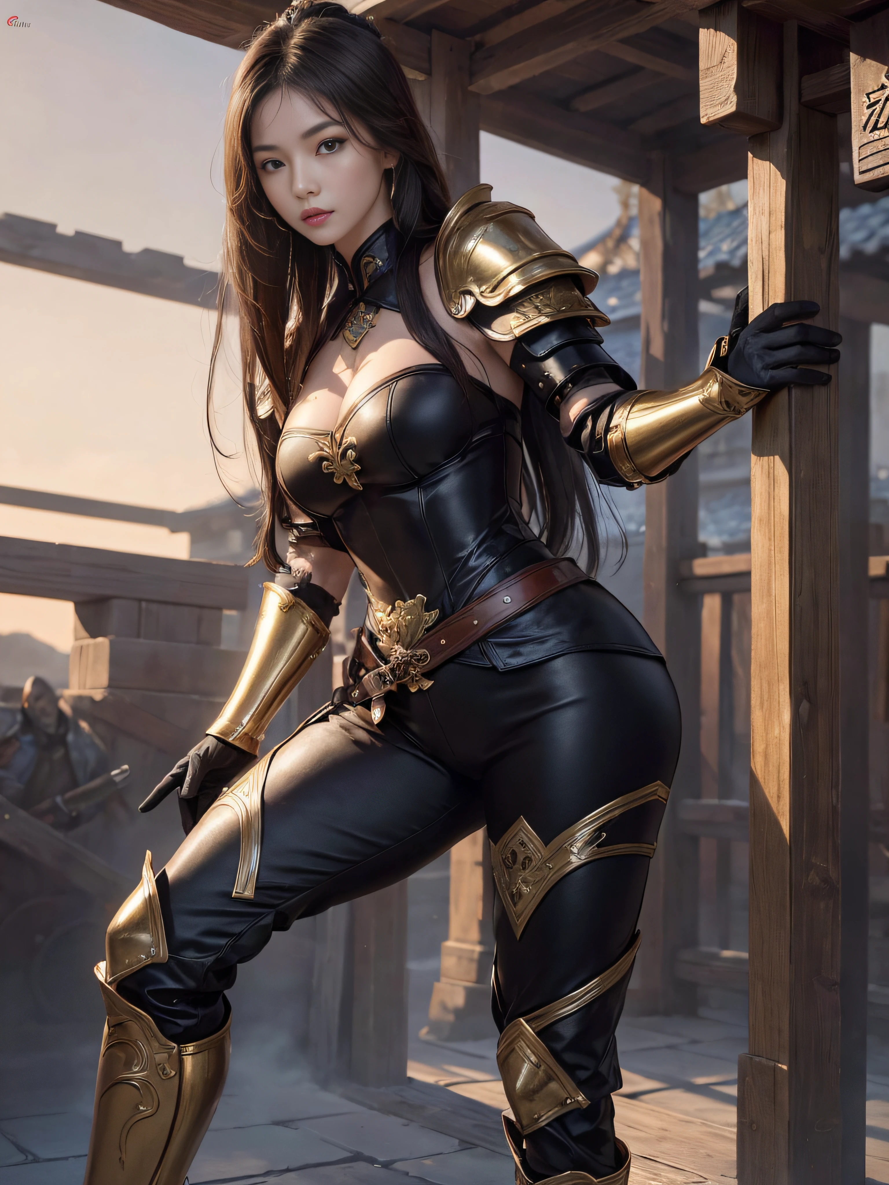 tmasterpiece,A high resolution,Absolutely beautiful,Oriental women,Eastern warriors,a mature female,,Fine and detailed eyes and detailed face,Tall and tall,She wears armour,Full coverage of the armor,Armor pants,Armor boots,Show off your armor and iron boots、、decor,Shogun, allure:(Tall:1.4),haughty,Mature temperament,(Wide buttock:1.4),(Thick thighs:1.4),Majesty,Rich scene detail,In the midst of the war,are standing,action