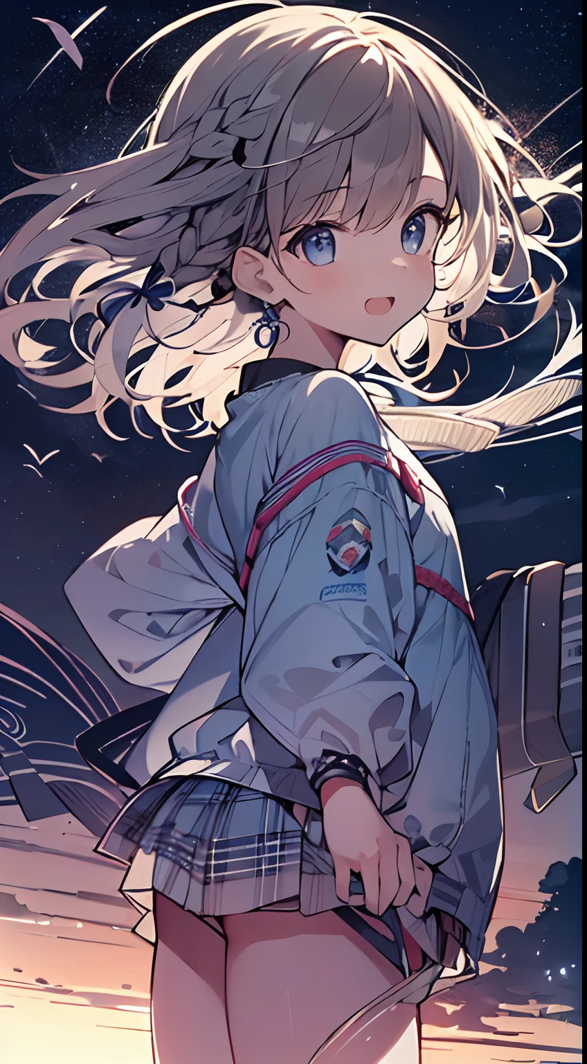 masutepiece, Best Quality,Illustration, Wallpaper, Ultra Detail, absurderes, 1little girl, (Medium short hair、short braided hair), Beautiful ultra-detailed eyes , Hair fluttering in the wind、nffsw、Smaller head、Beautiful night sky、(a panoramic view:1.5)