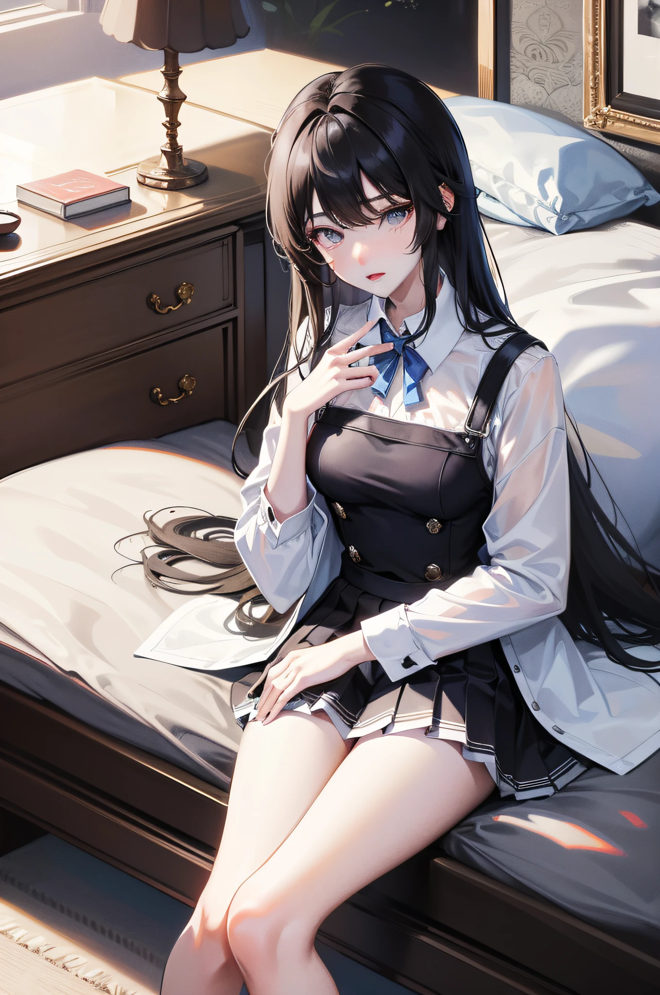 tmasterpiece、Need、1female、Medium chest、Chinese beautiful woman、realisticlying、White stockings、slenderlegs、Black hair、No hair accessories、Crystal white skin、blue pleated shirt+Short white skirt、One hand lifts the dress he is wearing,Expose more thighs、Unbutton a few of the blue pleated shirts with one hand,Expose some、The face is facing forward,But the gaze of the eyes is dodging,There was a flush on his face、Modern room。