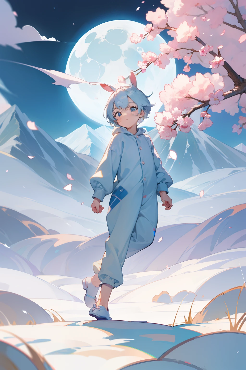 masterpiece, best quality,8k, perfect face, expressive eyes, 1boy,(parted bangs), ddler, bunny boy, full body, male focus, cute, balue eyes, white hair, pastel colors, cute clothes, onesie, kidcore (kidcore:1.2), moon theme, (concept art:1.0), outdoors, night time, mountains, cherry blossom trees, solo, short hair