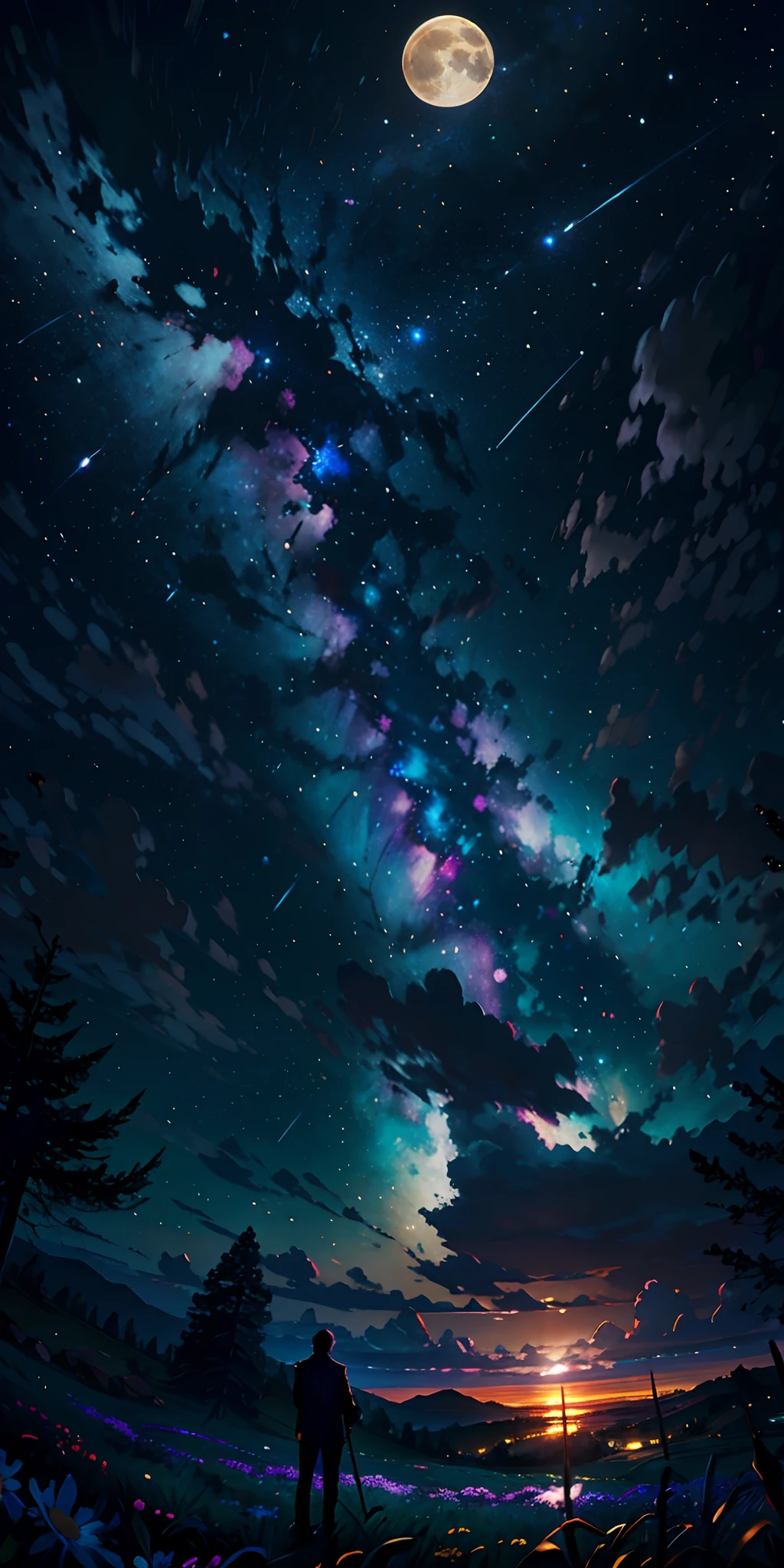 Expansive landscape photograph, (view from below with a view of the sky and the wilderness below), lawyer standing in a flower field looking up, (full moon: 1.2), (shooting star: 0.9), (nebula: 1.3), distant mountain, tree break production art, (warm light source: 1.2), (firefly: 1.2), lamp, purple and orange, intricate detail, volume lighting BREAK (masterpiece: 1.2), (highest quality ), 4k, ultra-detailed, (dynamic configuration: 1.4), highly detailed and colorful details (iridescent: 1.2), (sparkling lighting, atmospheric lighting), dreamy, magical, (solo: 1.2)