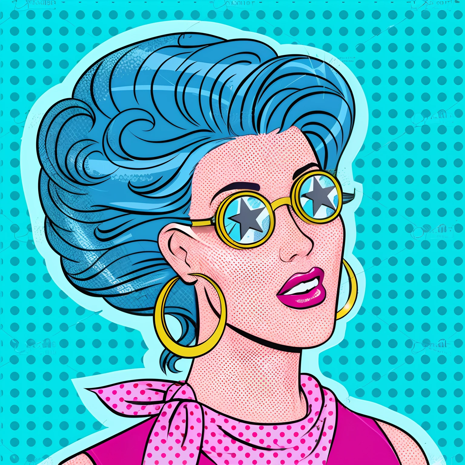 A woman with blonde hair and glasses in a pink dress, pop art cartoon style, Pop - Art style, in pop art style, retro comic art style, in style of pop - art, short blue haired woman, Low-key pop art style, eighties pinup style, retro style art, retro artstyle, violet polsangi pop art, in style of digital illustration