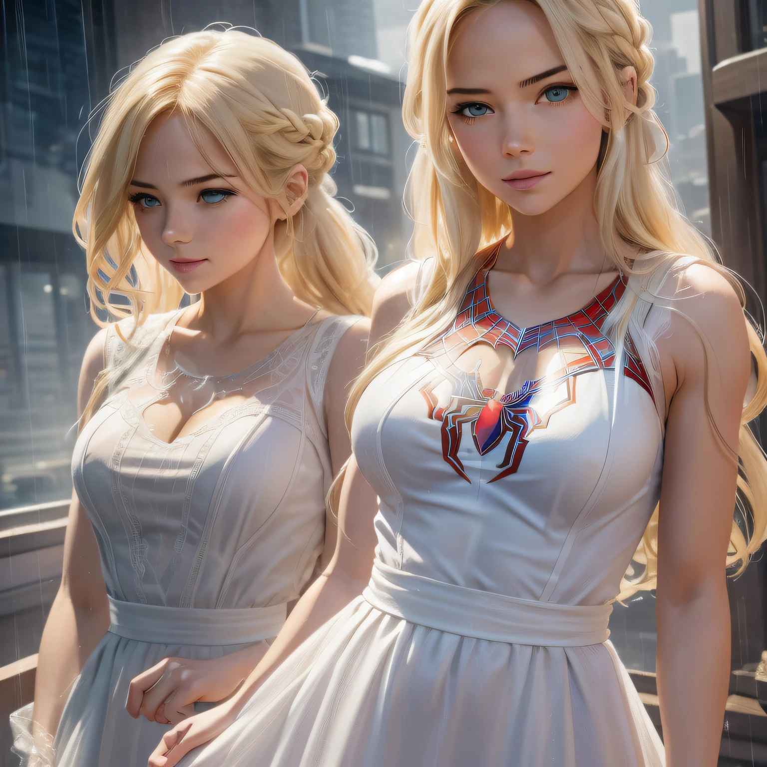 18 Yo girl, White Spider-Man dress, with long coiled hair, Blonde, Beautiful face, rain, Roof, Masterpiece, intricately details, Perfect anatomy, Facial and body details.