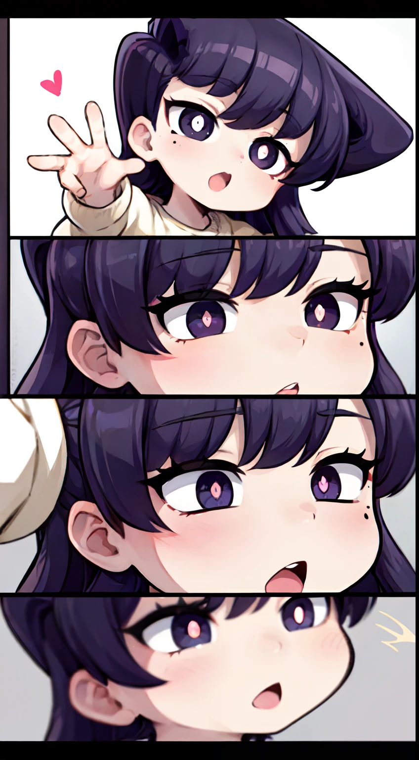 Komi Shuuko,(A white border around a red rectangular background:2.5),head looking up,ahegao face,D-cups,whitesweater,High detail,Moles under eyes, Heart-shaped pupils,Love pupils,cropped shoulders,Lots of hearts,Fleshy thighs,highly rendered,detailed face with