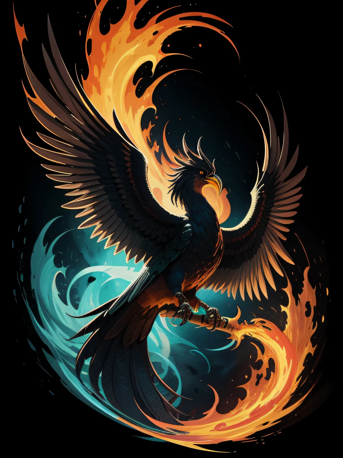[phoenix bird made of fire] Heraldic silhouette, logo masking style illustration, by dan mumford, by greg rutkowski, by james jean, black background, mysterious, fantasy art, realistic, majestic, rich vibrant colors, high contrast, seamless water brand, artstation, deviantart, dribble, redbubble, teepublic, sharp focus, simple, hyper detailed, detailed drawing, vectorize, outline, isometric style, 8k."