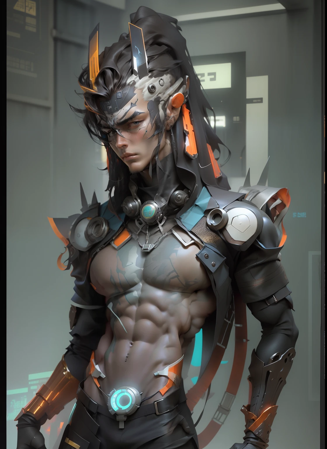 Sculptural model design，Escultura，male people，Handsome，Future tech wind，cyber punk perssonage，musculous，Wu Yifan（Blank background），Egyptian-style color scheme