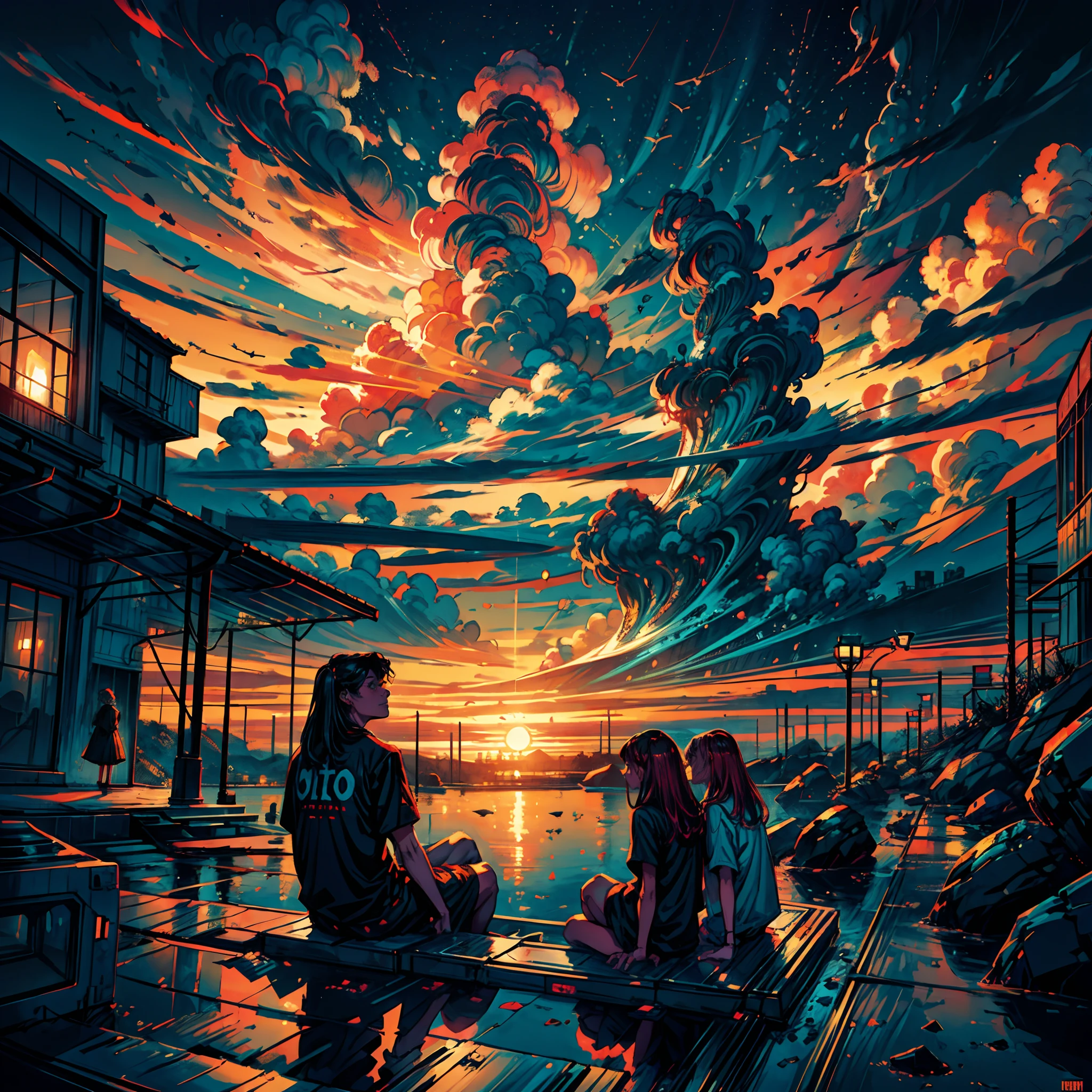 Two people sitting by the sea ,Sunset & Cloud infographic with illustration, by Victo Ngai, kilian eng vibrant colours, Dynamic lighting, Digital art, an award winning masterpiece, Incrediblely beautiful, illustration, The aesthetic is inspired by Beksinski and Darmenford, trending on artstationh, art of greg rutkowski, 8 k''