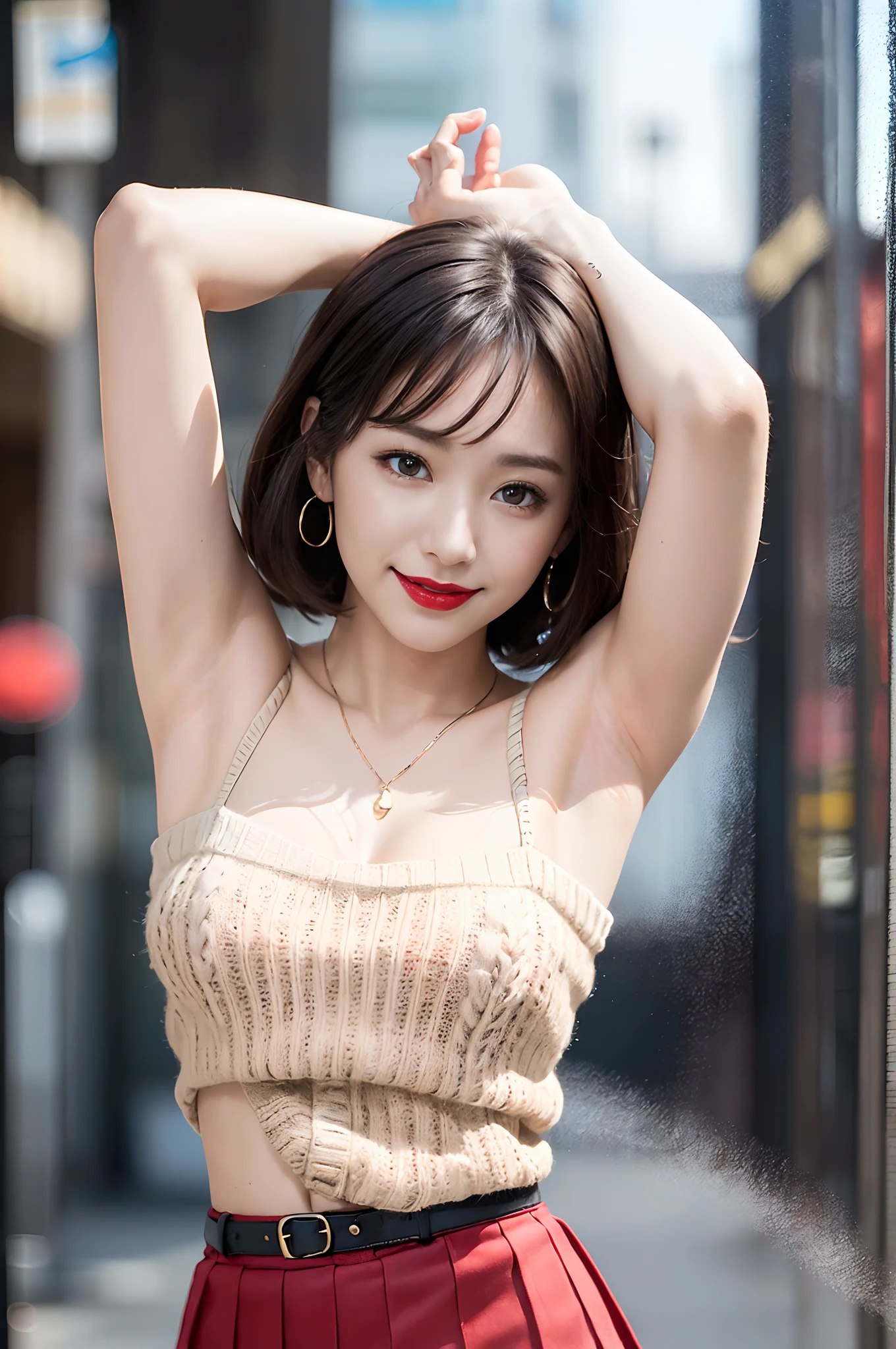 ((Show underarms、Ultra-realistic armpits、、Armpit、Detailed armpit wrinkles、Detailed armpit pores、Realistic armpit skin、Black armpit skin、Black armpits、armpit pose、gazing at viewer、smil、Full body armpits standing facing the viewer、Show both armpits、micromini skirt、Very short skirt、No panties、With no pan、Super mini skirt with waist length slit、No pants super mini skirt with waist length slit、Standing on the street、Stand in the middle of town、in a street)), (illustratio), (hight resolution), (8K), (ighly detailed), (The best illustrations), (armpit pose、beatiful detailed eyes), (top-quality), (ultra-detailliert), (masterpiece), (wall-paper), (详细的脸), (A smile、((40 years,red lipsticks,femele,Show realistic armpits))、Brown hair,short-hair,((Woman without panties in red short sleeve sweater and very short skirt)), japanes,