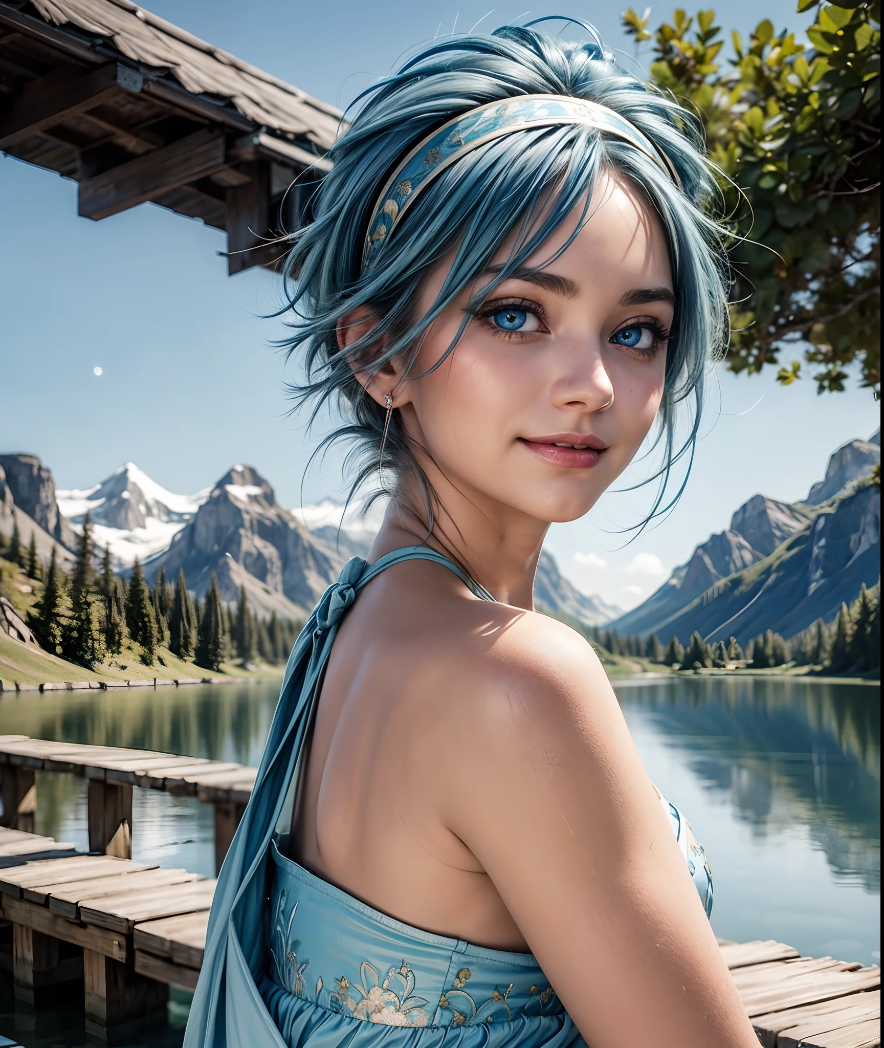 (masterpiece), 1 girl, short blue hair, (forehead, hairband), medium breast, light blue eyes, shiny lips, blowing in the wind, full moon, bikini, smile, wilderness, lake, mountains, flowers, beautiful detailed eyes, depth of field, realistic, Strong and vibrant colors 64k,