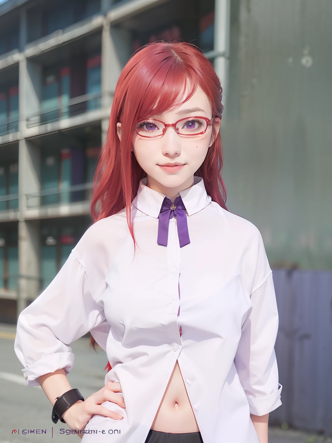 1girl, uzumaki karin, long hair, sexy dress, red hair, red eyes, smile, beautiful, purple clothes, very big breast, sexy clothes, wearing glasses, outdoor background, ultra detail, realistic