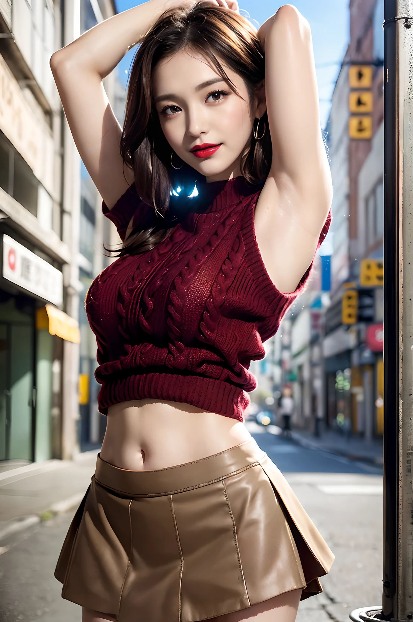 ((Show underarms、Ultra-realistic armpits、、Armpit、Detailed armpit wrinkles、Detailed armpit pores、Realistic armpit skin、Black armpit skin、Black armpits、armpit pose、gazing at viewer、smil、Full body armpits standing facing the viewer、Show both armpits、micromini skirt、Very short skirt、No panties、With no pan、Super mini skirt with waist length slit、No pants super mini skirt with waist length slit、Standing on the street、Stand in the middle of town、in a street)), (illustratio), (hight resolution), (8K), (ighly detailed), (The best illustrations), (armpit pose、beatiful detailed eyes), (top-quality), (ultra-detailliert), (​masterpiece), (wall-paper), (详细的脸), (A smile、((40 years,red lipsticks,femele,Show realistic armpits))、Brown hair,short-hair,((Woman without panties in red short sleeve sweater and very short skirt)), japanes,