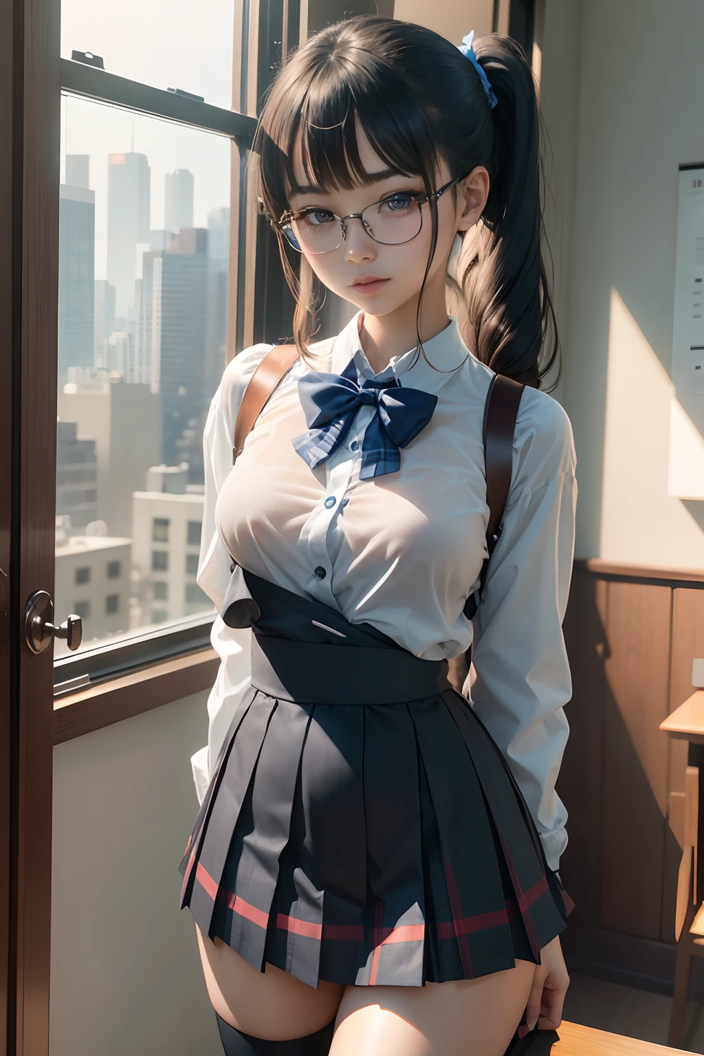 (Long ponytail),(Underwear is visible),（8K、Raw photography、top-quality、​masterpiece：1.2),Blue Panties,pigeon chest,glamor,Chromo-white skin,cocky,School,watching at viewers,Looking at the front,Muchimuchi,High-pitched clothing,Erotic,Pupils,de pele branca,kne,absurderes,a small face,,Forehead visible,Bangs hanging from the left and right sides of the forehead,(a cold expression,Tight eyes,glares,Bullish,irate)、​masterpiece,top-quality、超A high resolution,Raw photo,ren,Beautiful fece,One Person, 独奏,eye glass,,Dark look,Small breasts,fullllbody,Round glasses,JK school uniform,hi-school girl,A Japanese Lady,(Open the crotch fully open,Open the legs in an M-shape),（Photorealsitic：1.37）、Photon mapping,Realistic、Beautie,Cute little face,Brown-eyed、Black socks、(Red bow tie)、Radio City、Physically Based Rendering、depth of fields、Blurry background、a picture,Body,beauty legs, Long legs, Thin leg,(Bangs are visible), hair, s lips, Blue_The eye, nosesoft,(Light blue shirt), (Navy and blue and white plaid pleated skirt), Knees are visible,Sheer clothing,, Thigh, Black cotton socks,Nogizaka Idol, 女優, Japanese ido