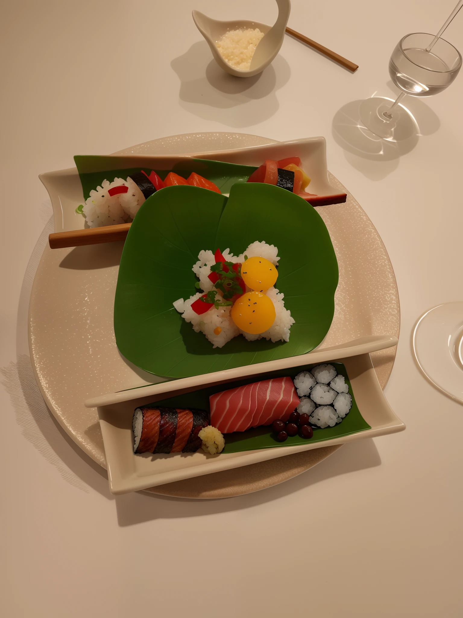 There is a plate with sushi etc. on it, Michelin Star Food, Three Michelin stars, Michelin-starred restaurant, 3 Michelin stars, Michelin-starred restaurant, japanese fusion cuisine, masterpiece work of art, Award-winning cuisine, style of shuzo oshimi, Very tasty, by Tom Wänerstrand, Gourmet Michelin Restaurants, closeup at the food