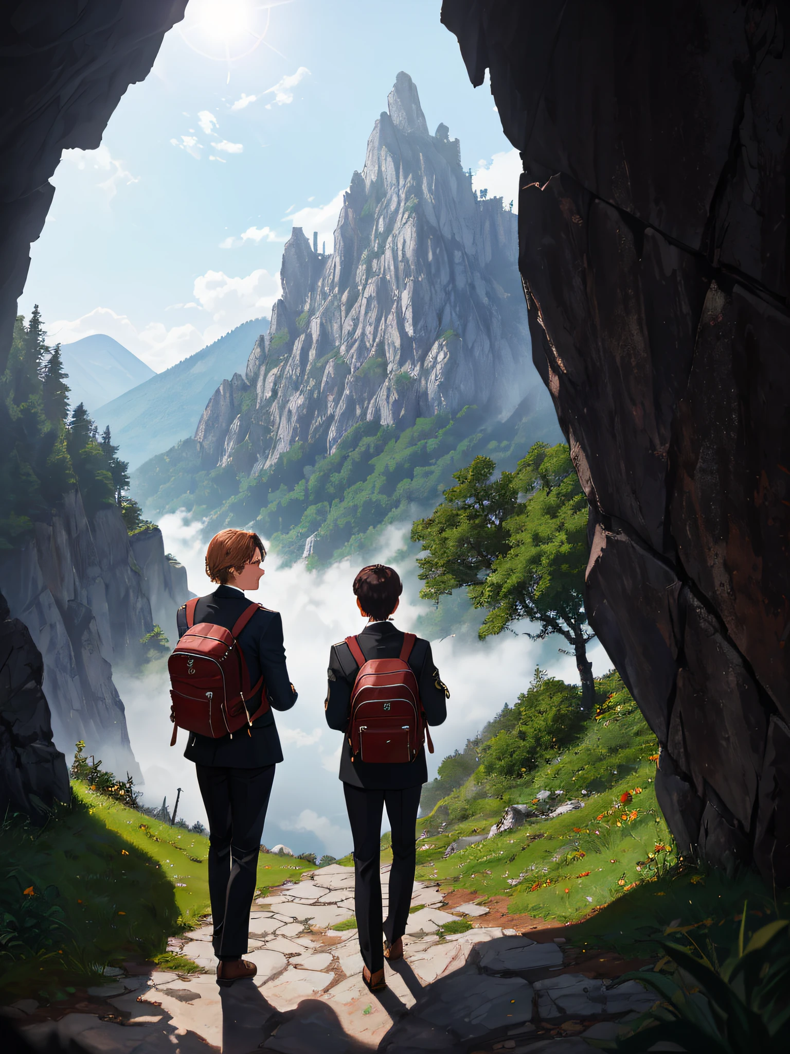 (35mm style: 1.2), very detailed color RAW photo, rear angle, (full body, male, in simple suit, 1800s vintage clothing, traveler's backpack), outdoor, (standing on the precipice of a high rocky mountain, looking at the lush Romanian forest in the Carpathians), cinematic Copolla Dracula 1991 (dark castle in the distance),  (mountains: 1.1), (lush green vegetation), (dark night: 0.8), (very detailed, hyperdetailed, intricate), (lens flare: 0.7) , (flowering: 0.7), particle effects, ray tracing, cinematic lighting, shallow depth of field, shot with a Sony a9 II, 35mm wide-angle lens, sharp focus, , seen from behind, dynamic angle