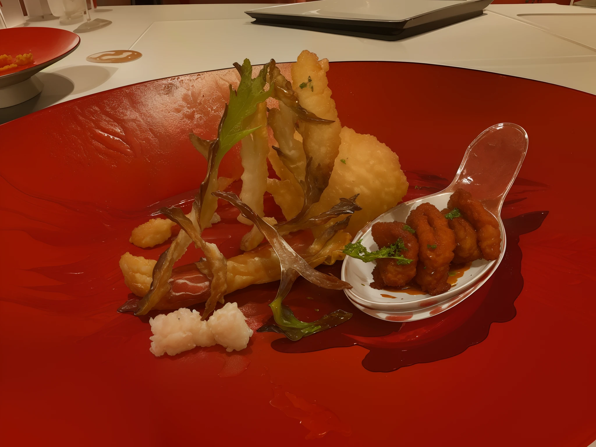There is a red plate with a small plate of food on it, Tempura on the panel, very crispy, Michelin Star Food, Plume made of seaweed, masterpiece work of art, Three Michelin stars, closeup at the food, Michelin-starred restaurant, battered, Seaweed plume, seafood in preserved in ice, great masterpiece, Michelin-starred restaurant, molecular gastronomy