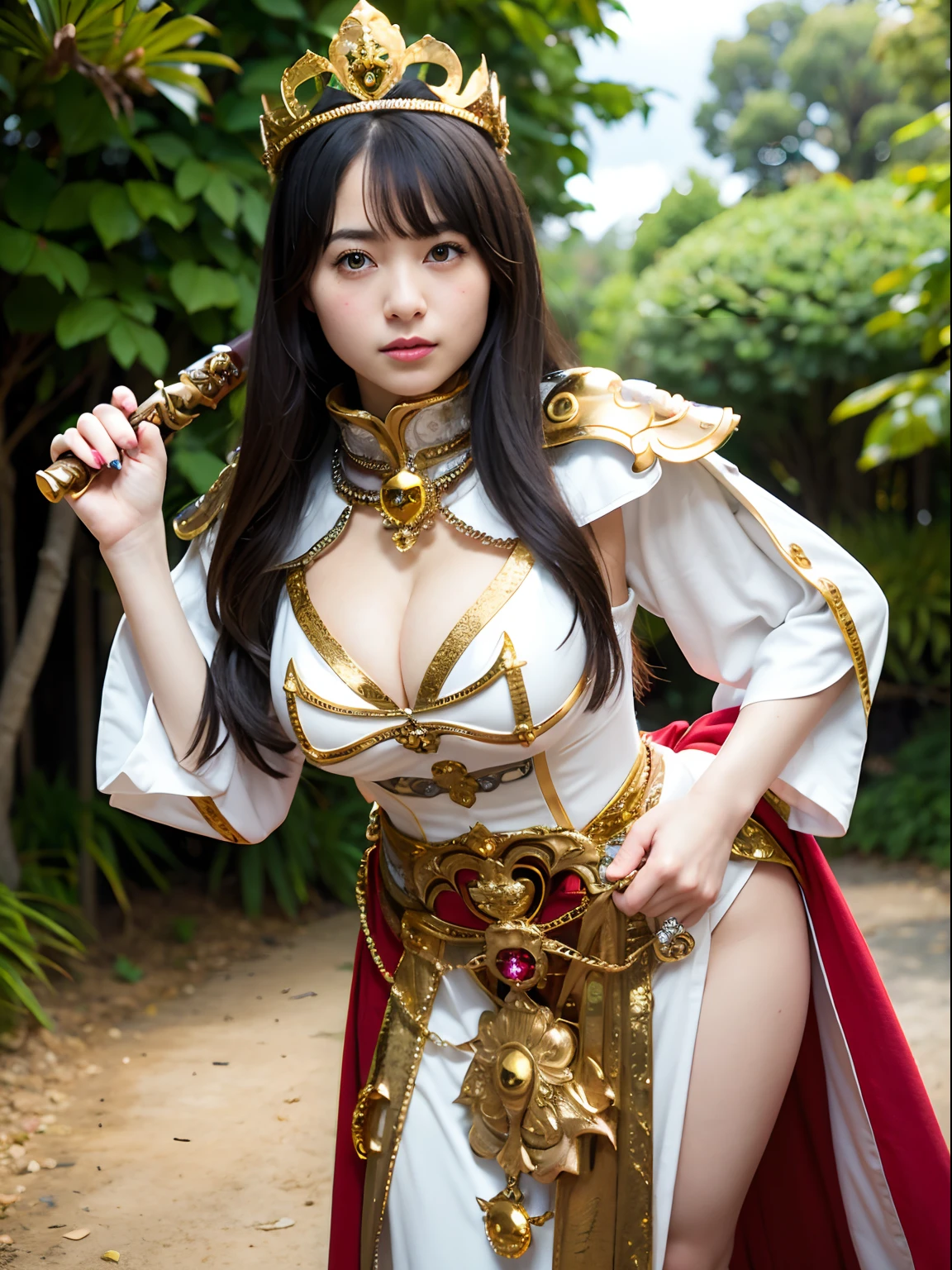 (masutepiece), Professional , masterpiece、top-quality、photos realistic , depth of fields (Gemstone Silver Metal Body:1.9),(Matte White、Jewel Gold Weapon(Jewel Metal Body:1.4),Gorgeous metal weapons , Detailed Sword of the Brave , Beautiful knife ,warhammer 40k , adepta sororitas,Detail and ornate jewel crown、Black hair、Gangle's forest background、Beautiful Caucasian beauty、1a person、dynamic ungle,(((Detailed and ornate diamond crown)))、Smaller head、A smile、Take a sexy pose、Background inside the castle、Thin and beautiful female hands、cleavage of the breast、Soldier in iron armor on background、Soldier in iron armor on background、