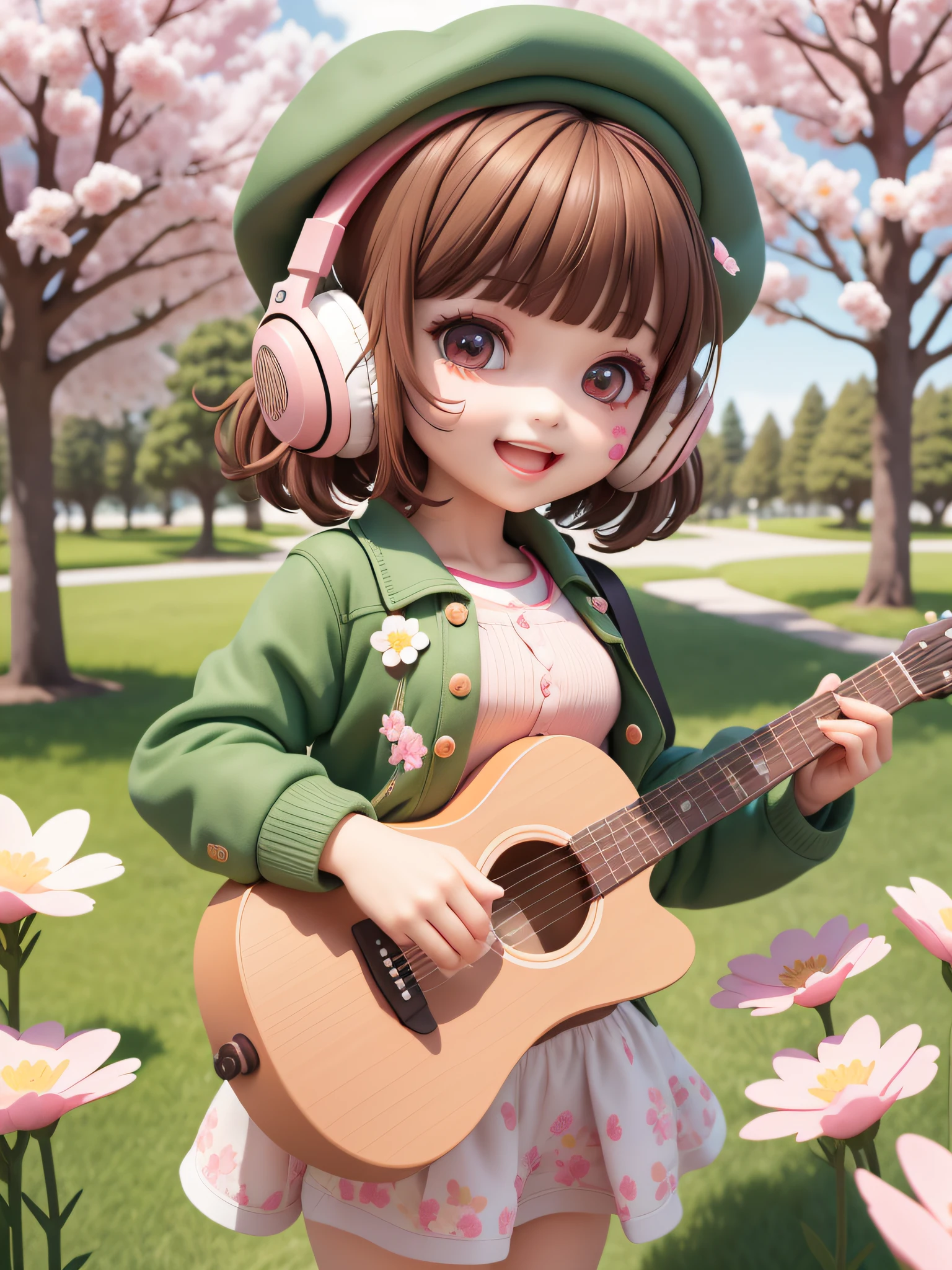 (masterpiece),(best quality),(ultra-detailed), (full body:1.2),
1girl,chibi,cute, smile, open mouth,
flower, outdoors, playing guitar, music, beret, holding guitar, jacket, blush, tree, :3, shirt, short hair, cherry blossoms, green headwear, blurry, brown hair, blush stickers, long sleeves, bangs, headphones, black hair, pink flower,
(beautiful detailed face), (beautiful detailed eyes),