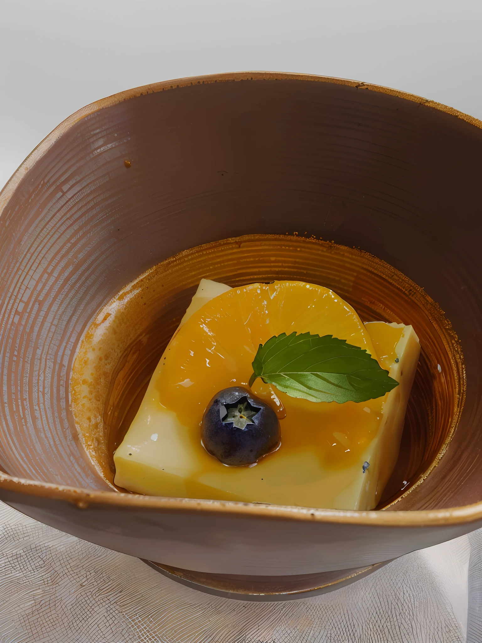 There is a small bowl with cheese and blueberries, fran, dessert, close up food photography, glazed, closeup at the food, Inspired by Charles Le Roux, by Etienne Delessert, Cooking Art Photography, mouthwatering, caramel, an orange, by Dietmar Damerau, professional food photography, shot on leica sl2, High-quality food photography