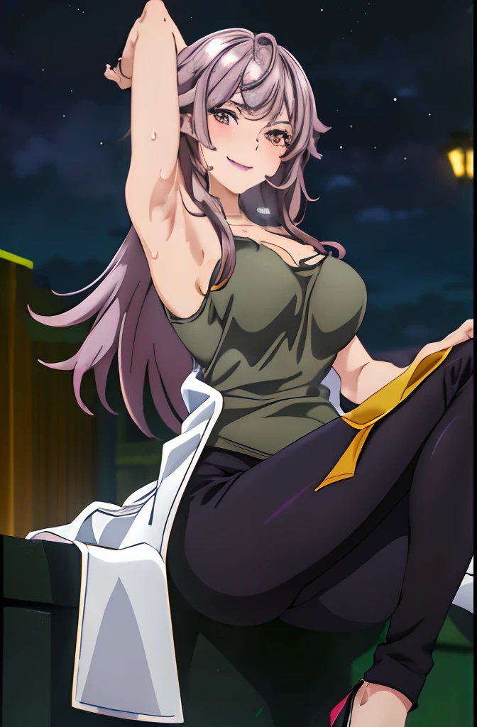 masterpiece, best quality, SawadaV4, 1girl, solo, looking at viewer, smile, shirt, cleavage, sitting, cowboy shot, outdoors, city alley, night, pants, black footwear, high heels, black pants, labcoat, ((presenting armpit, arm up, sweating armpit, opened clothes))