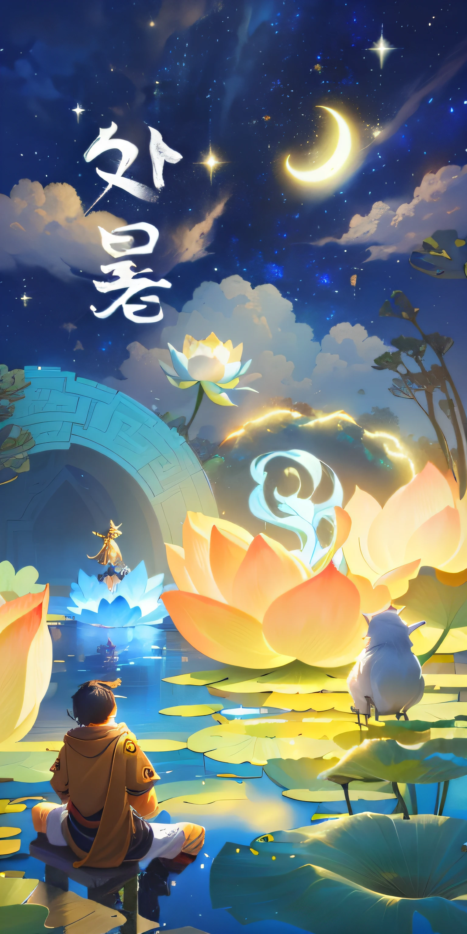 A boy sits on a lotus，looking at the stars，The background is a starry sky and clouds，中景 the scene is，4K， Mobile game art, Official artwork, By Li Song, concept art magical highlight, official fanart, background artwork, author：Shitao, !dream concept art, Onmyoji detailed art, author：Qu Leilei, G Liulian art style